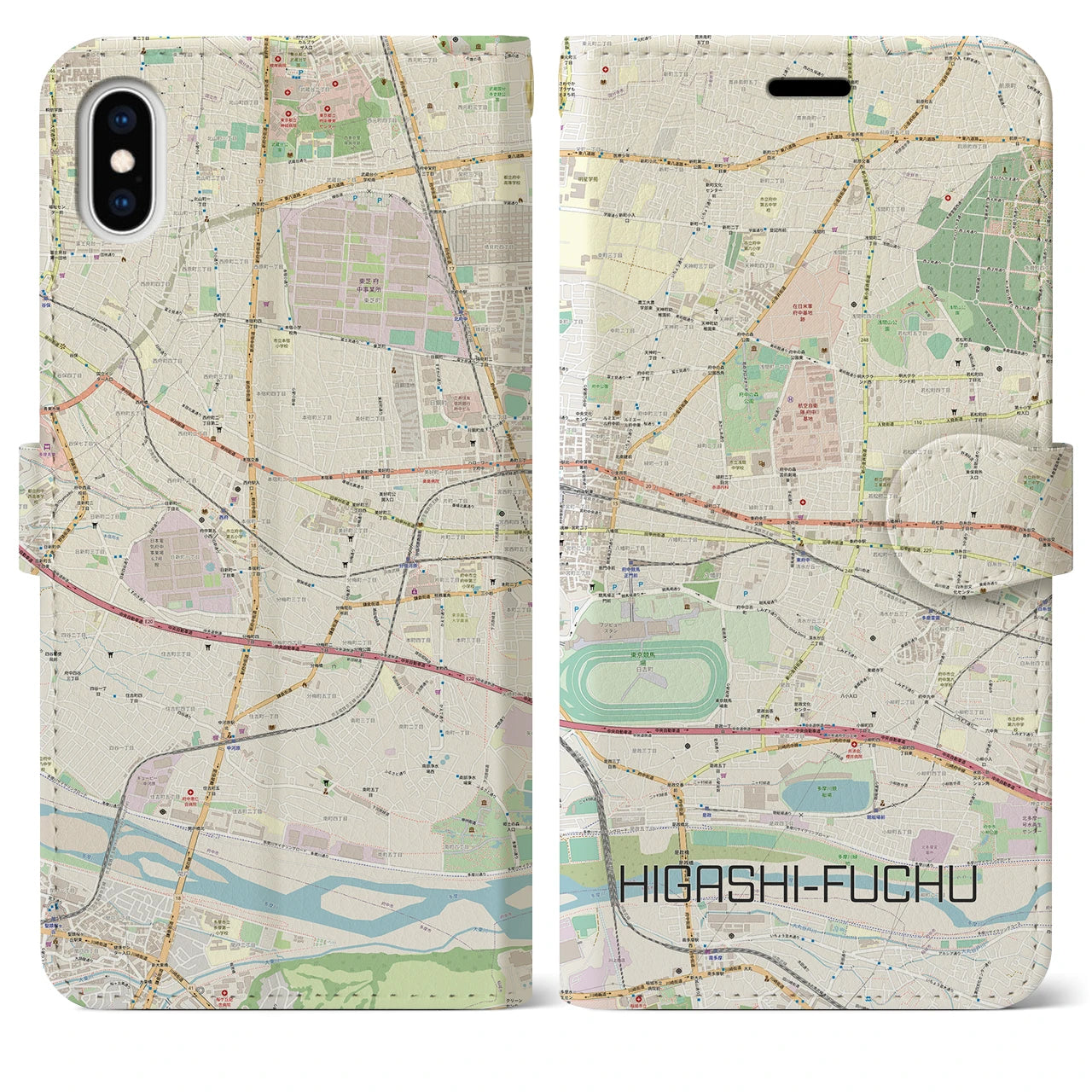 【東府中(東京都)】地図柄iPhoneケース(手帳タイプ)ナチュラル・iPhone XS Max 用