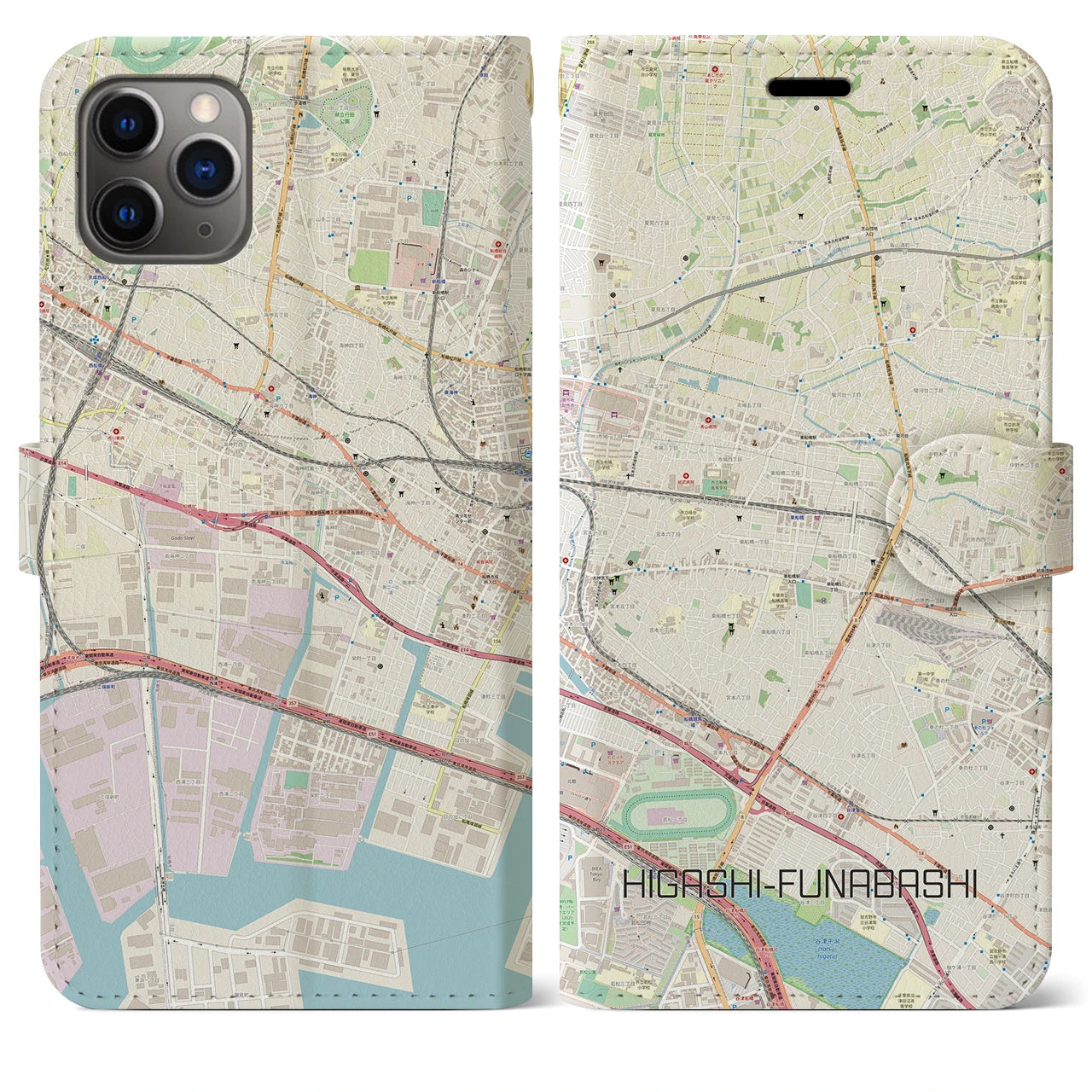 【東船橋(千葉県)】地図柄iPhoneケース(手帳タイプ)ナチュラル・iPhone 11 Pro Max 用