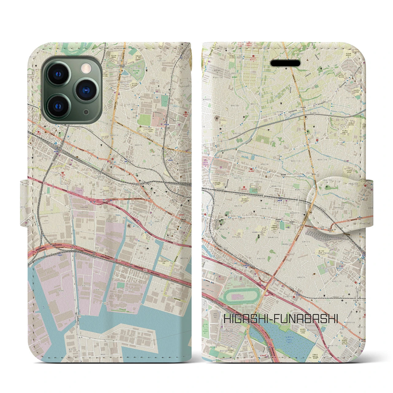 【東船橋(千葉県)】地図柄iPhoneケース(手帳タイプ)ナチュラル・iPhone 11 Pro 用