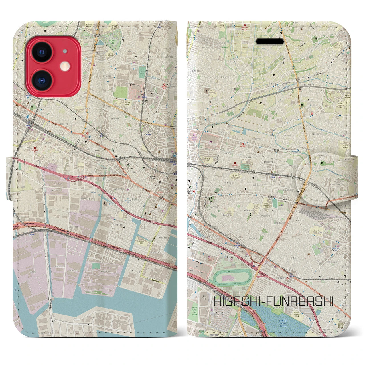 【東船橋(千葉県)】地図柄iPhoneケース(手帳タイプ)ナチュラル・iPhone 11 用
