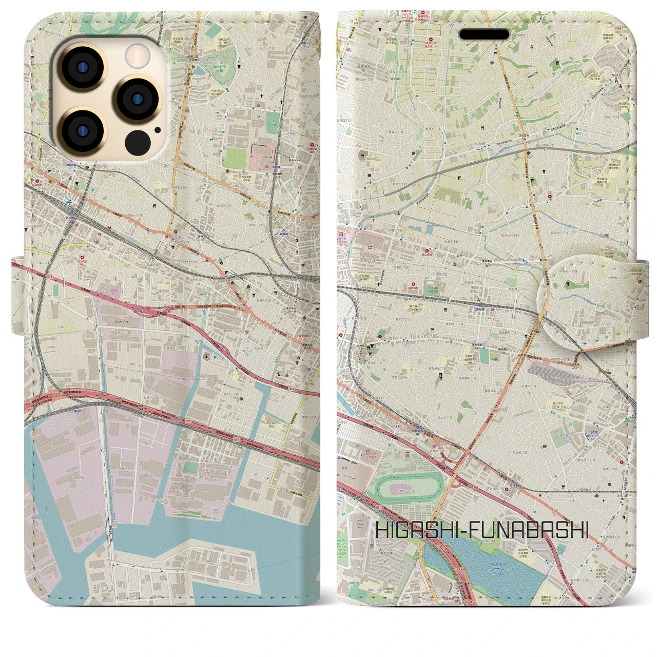 【東船橋(千葉県)】地図柄iPhoneケース(手帳タイプ)ナチュラル・iPhone 12 Pro Max 用