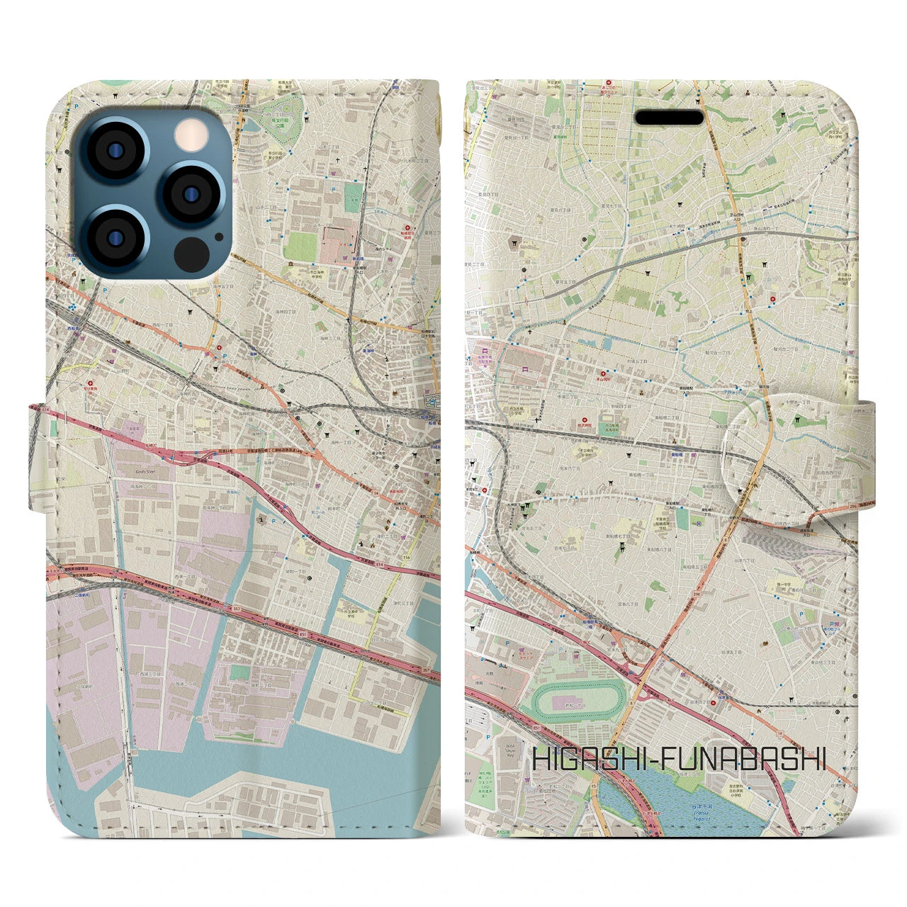 【東船橋(千葉県)】地図柄iPhoneケース(手帳タイプ)ナチュラル・iPhone 12 / 12 Pro 用
