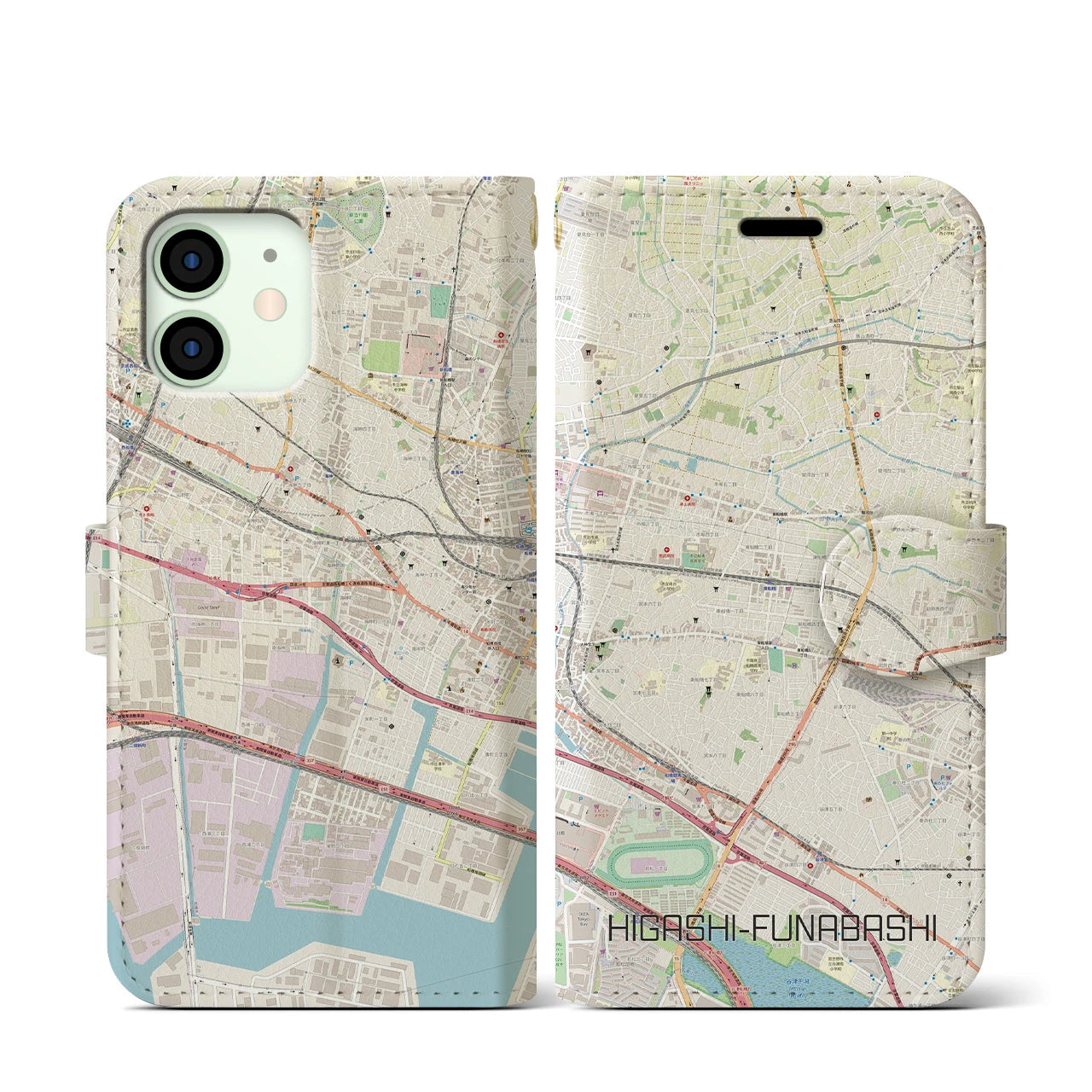 【東船橋(千葉県)】地図柄iPhoneケース(手帳タイプ)ナチュラル・iPhone 12 mini 用