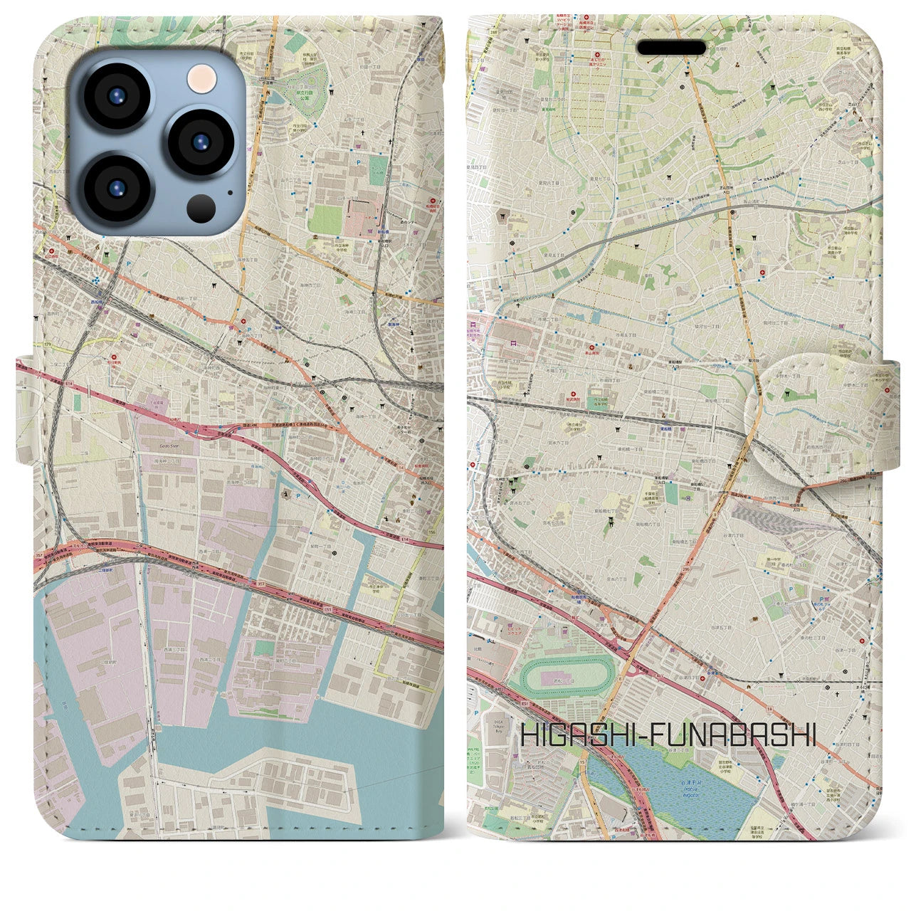 【東船橋(千葉県)】地図柄iPhoneケース(手帳タイプ)ナチュラル・iPhone 13 Pro Max 用