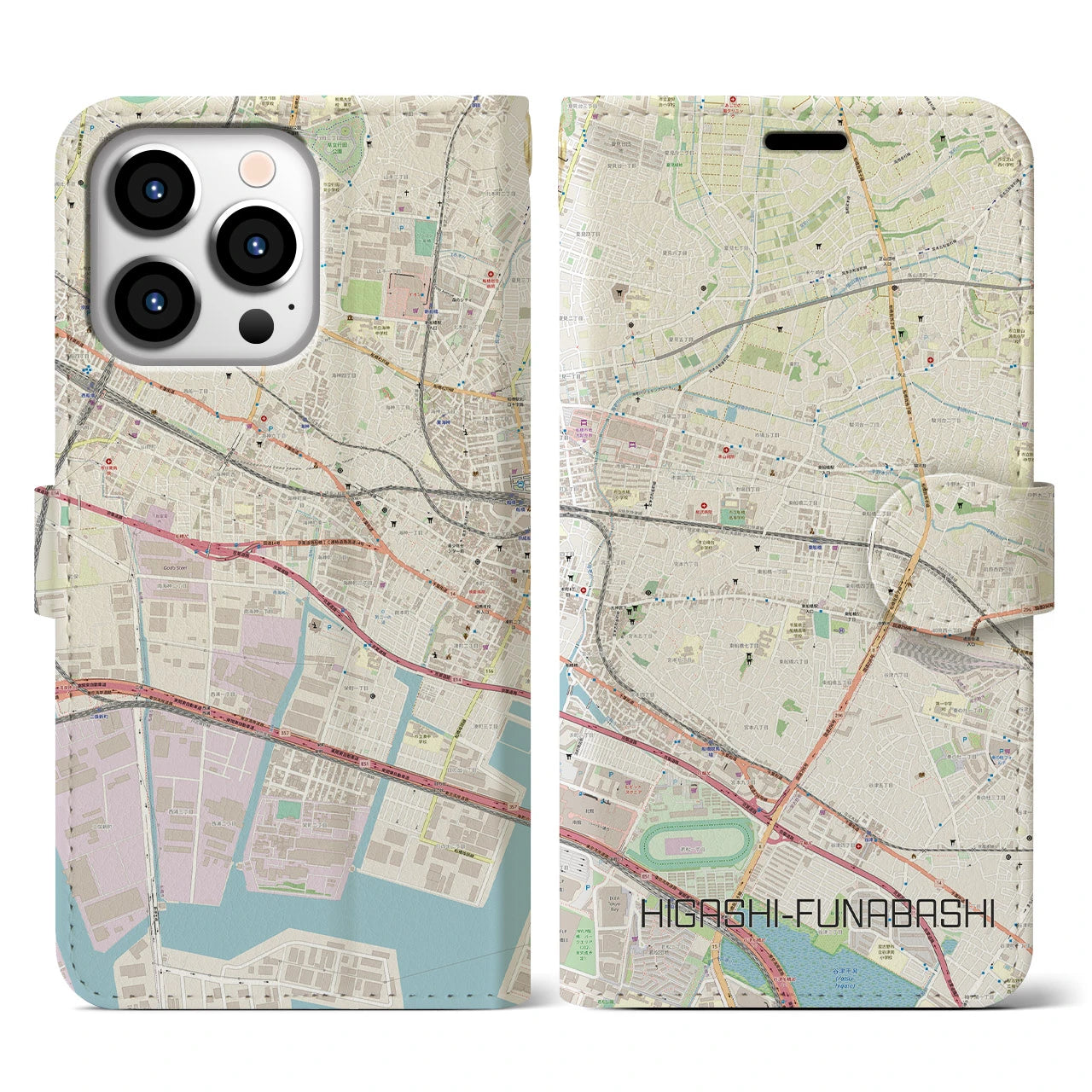 【東船橋(千葉県)】地図柄iPhoneケース(手帳タイプ)ナチュラル・iPhone 13 Pro 用