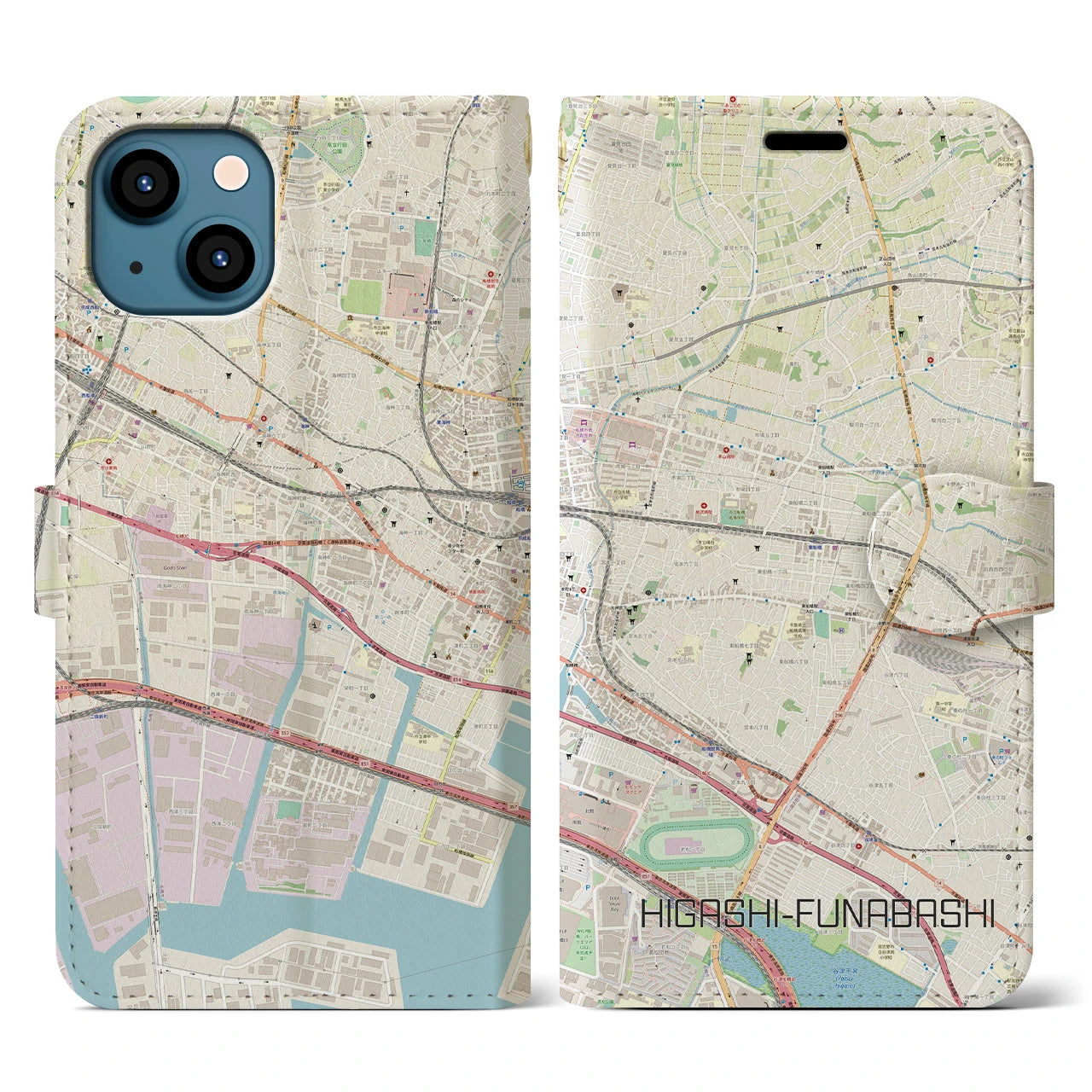 【東船橋(千葉県)】地図柄iPhoneケース(手帳タイプ)ナチュラル・iPhone 13 用