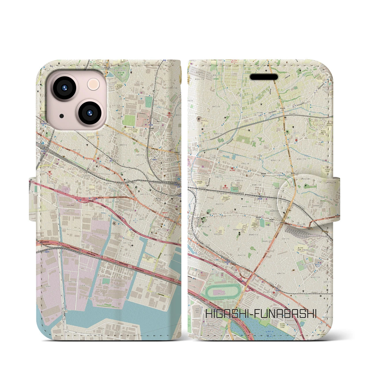 【東船橋(千葉県)】地図柄iPhoneケース(手帳タイプ)ナチュラル・iPhone 13 mini 用
