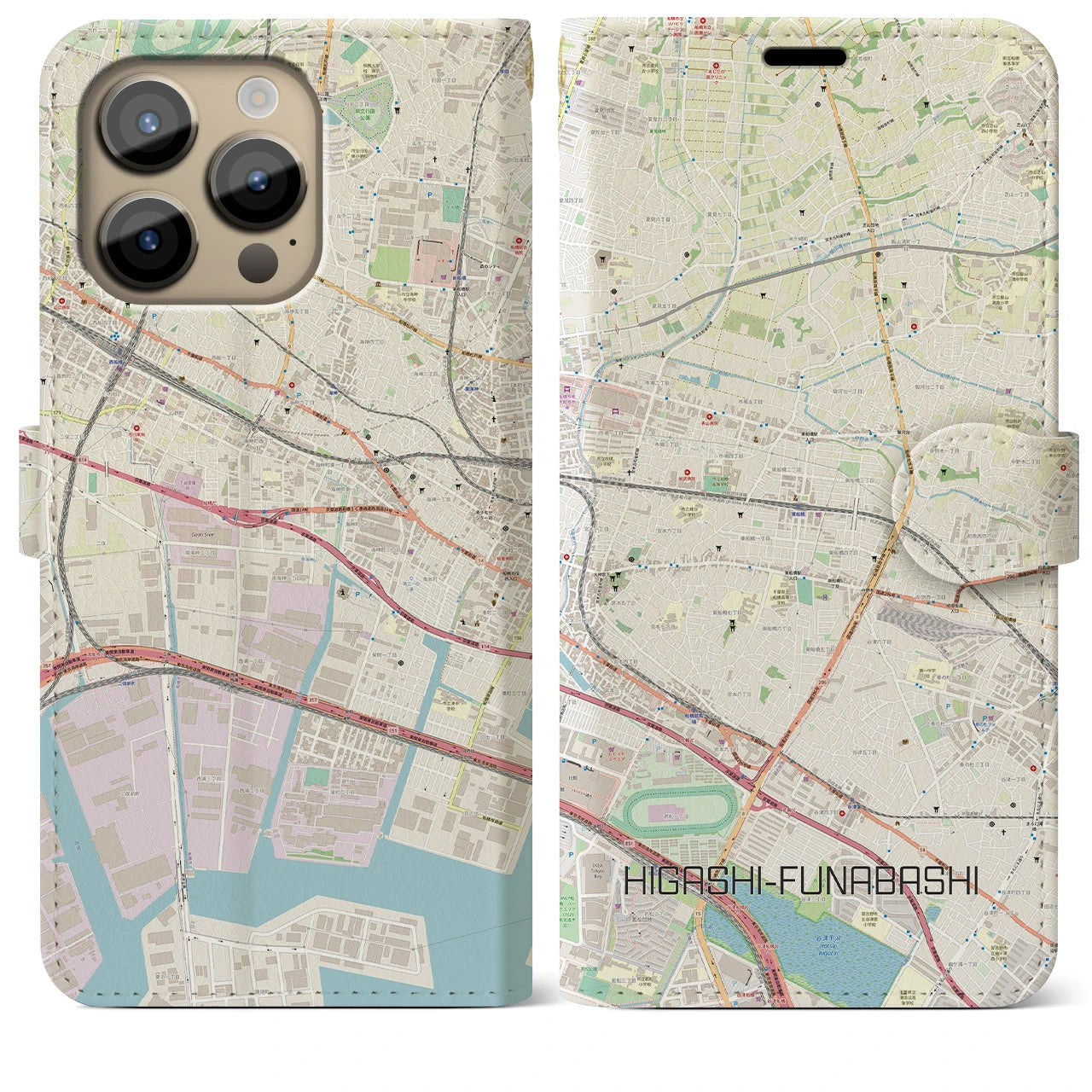 【東船橋(千葉県)】地図柄iPhoneケース(手帳タイプ)ナチュラル・iPhone 14 Pro Max 用