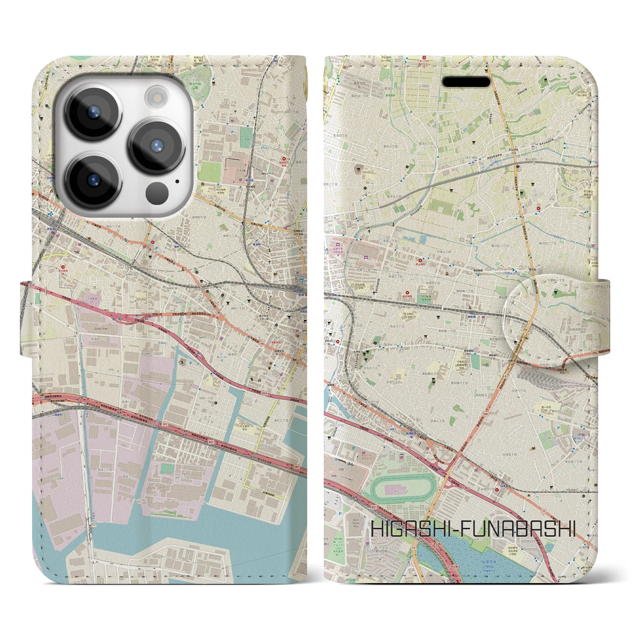 【東船橋(千葉県)】地図柄iPhoneケース(手帳タイプ)ナチュラル・iPhone 14 Pro 用