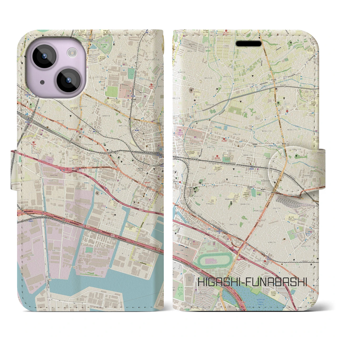 【東船橋(千葉県)】地図柄iPhoneケース(手帳タイプ)ナチュラル・iPhone 14 用