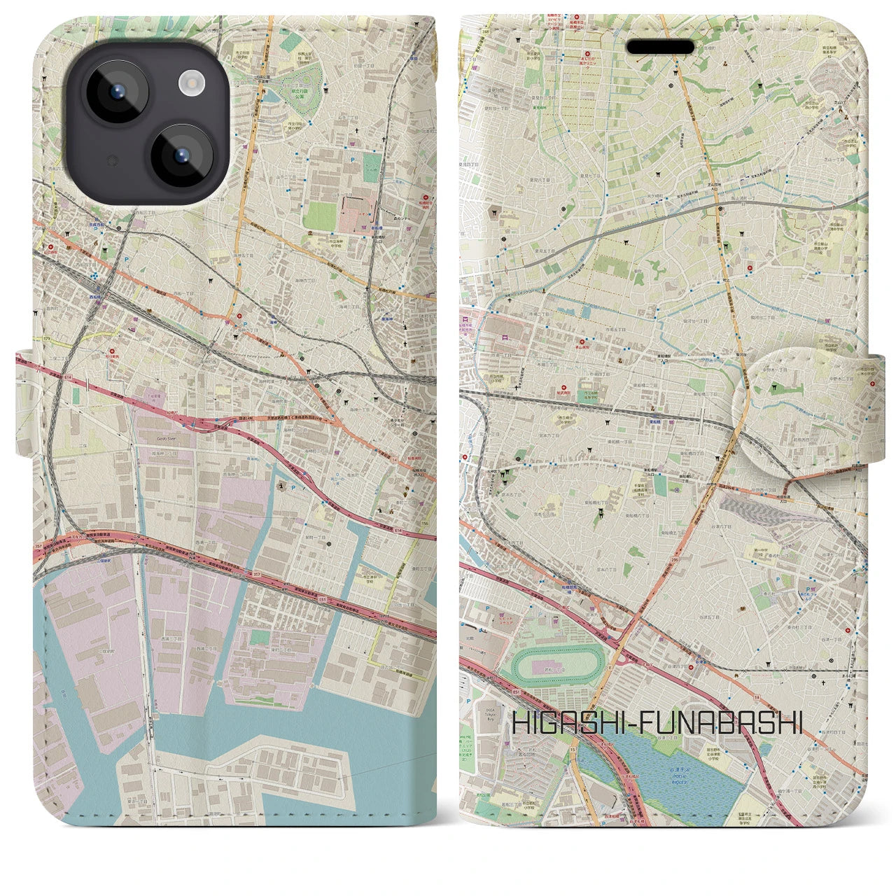 【東船橋(千葉県)】地図柄iPhoneケース(手帳タイプ)ナチュラル・iPhone 14 Plus 用