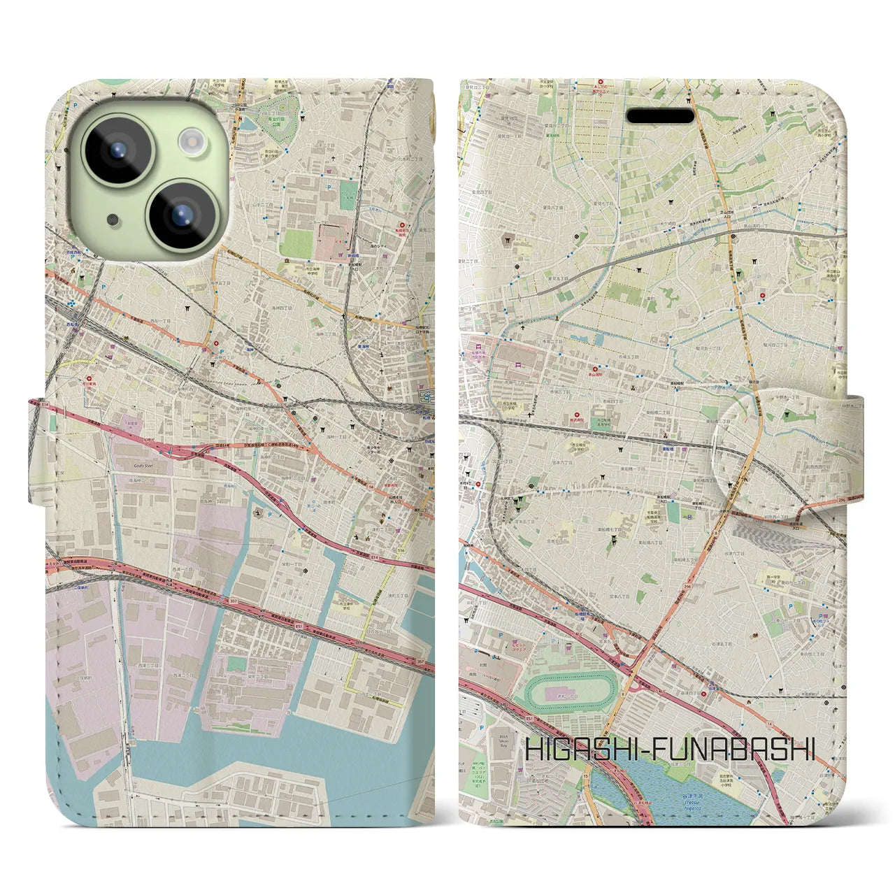 【東船橋(千葉県)】地図柄iPhoneケース(手帳タイプ)ナチュラル・iPhone 15 用