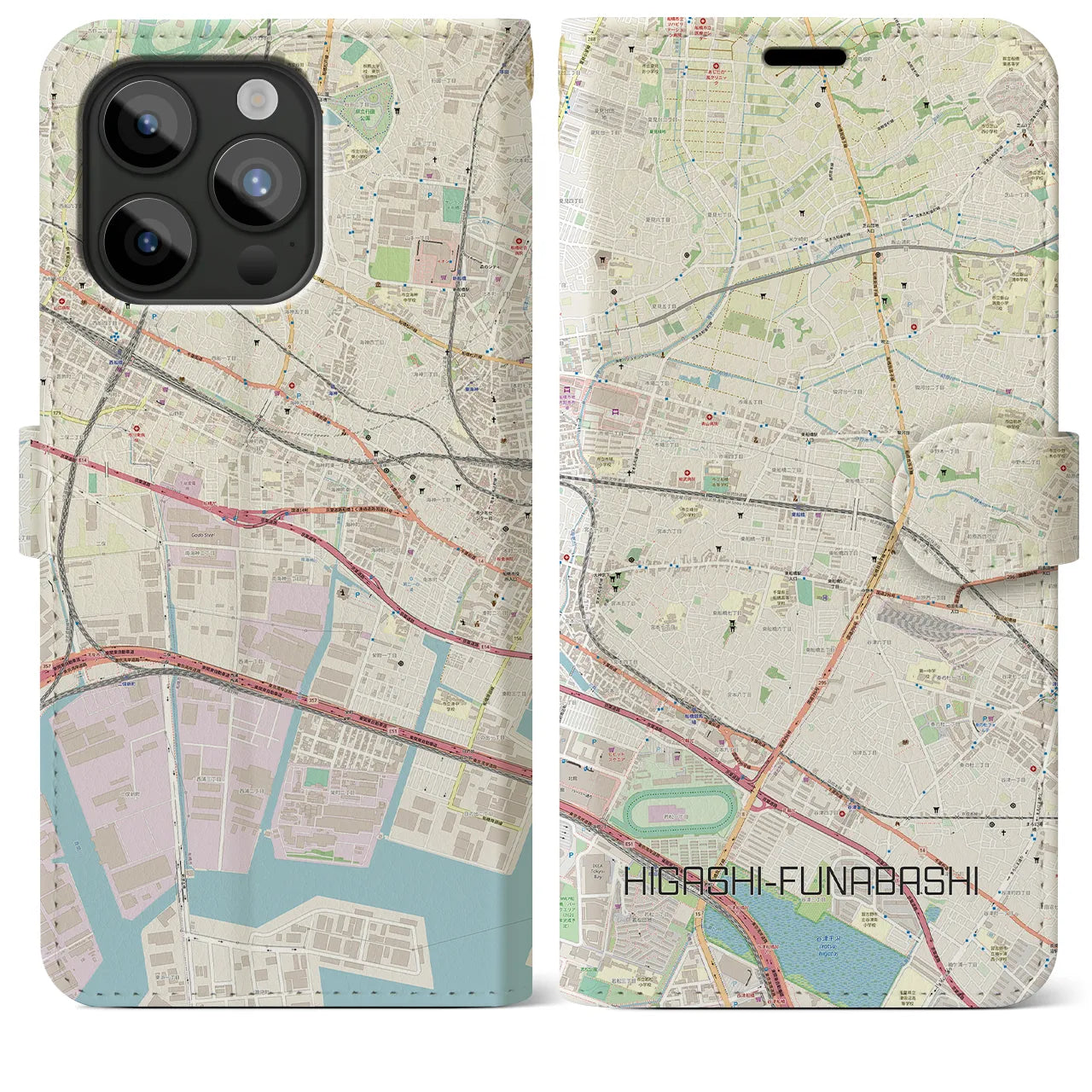【東船橋(千葉県)】地図柄iPhoneケース(手帳タイプ)ナチュラル・iPhone 15 Pro Max 用