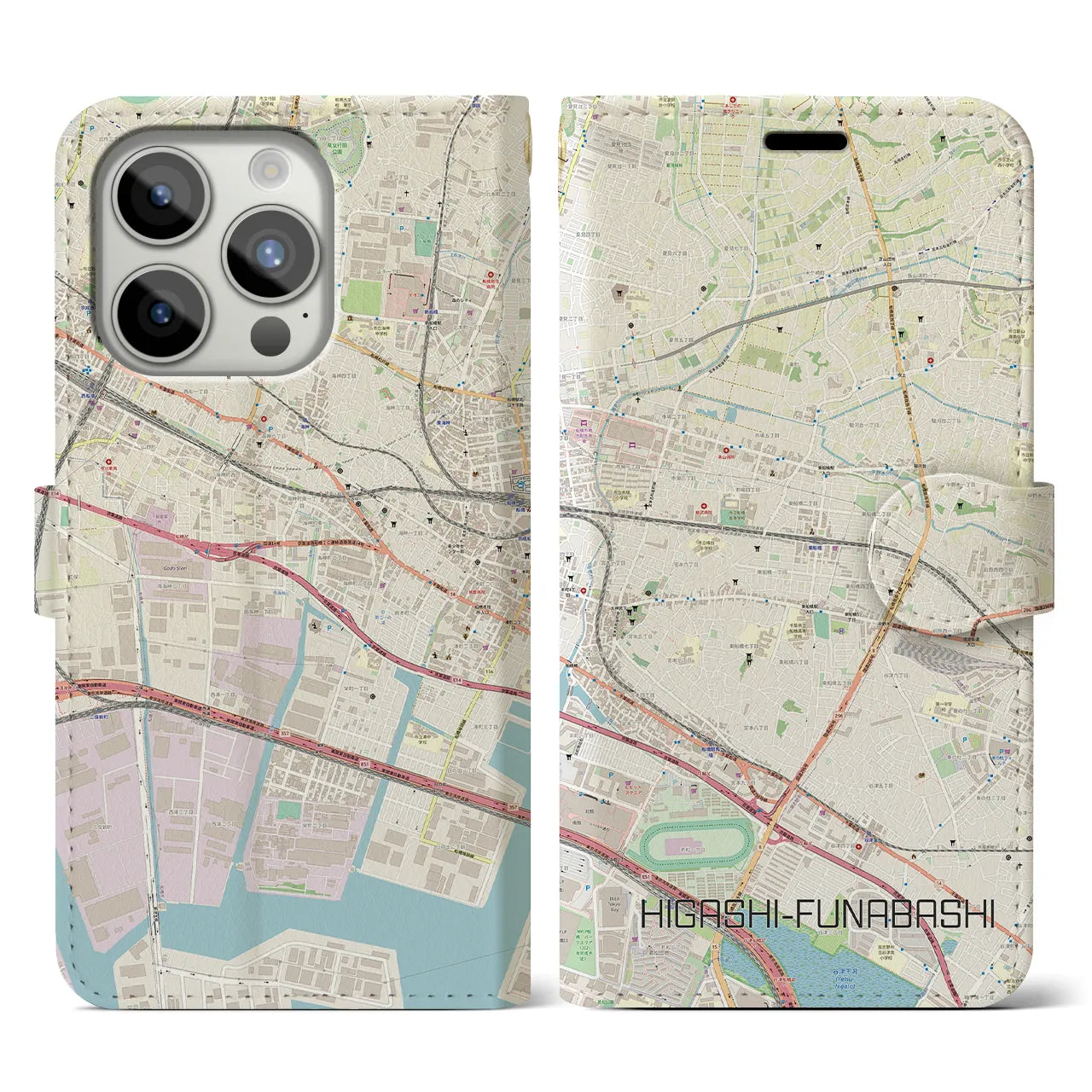 【東船橋(千葉県)】地図柄iPhoneケース(手帳タイプ)ナチュラル・iPhone 15 Pro 用