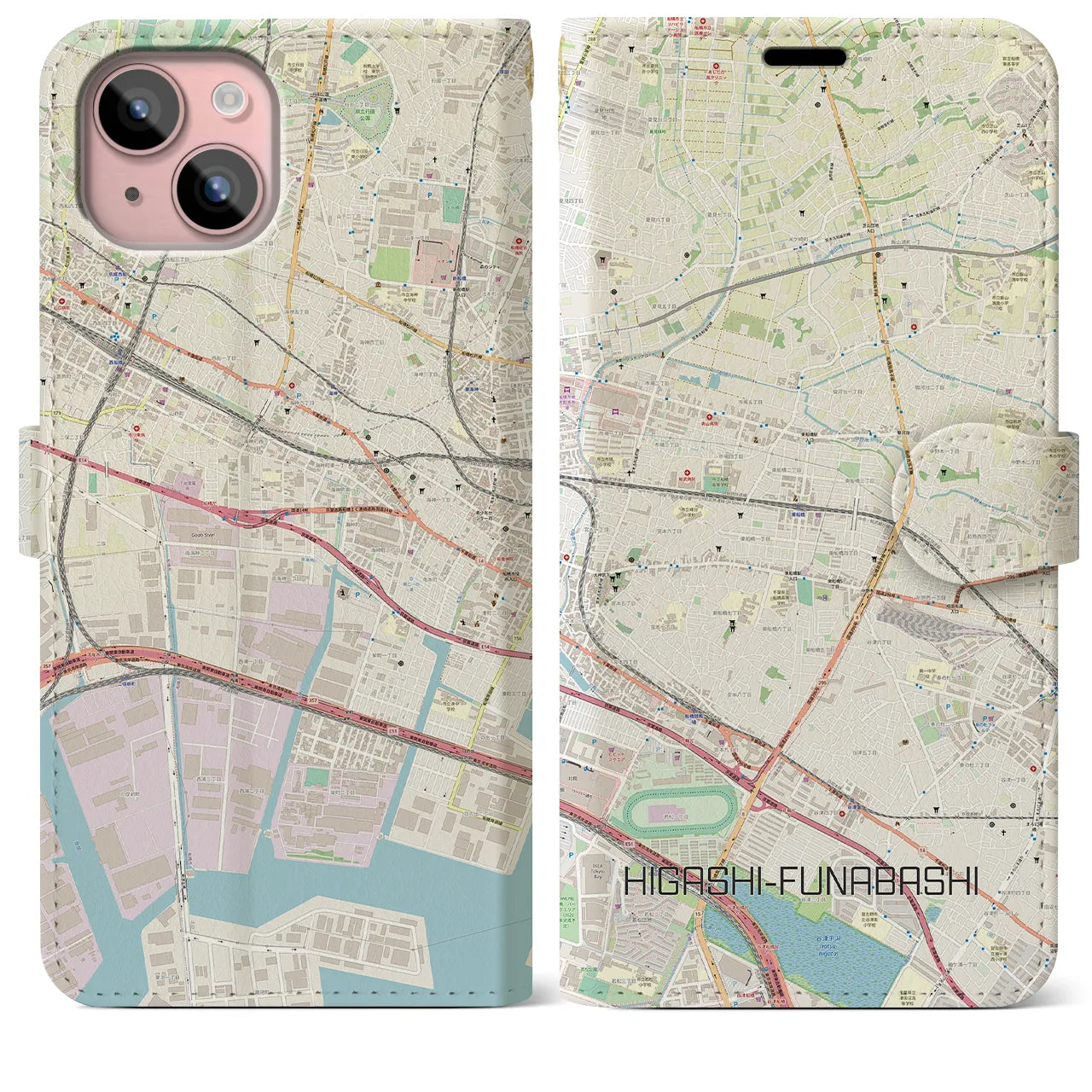 【東船橋(千葉県)】地図柄iPhoneケース(手帳タイプ)ナチュラル・iPhone 15 Plus 用