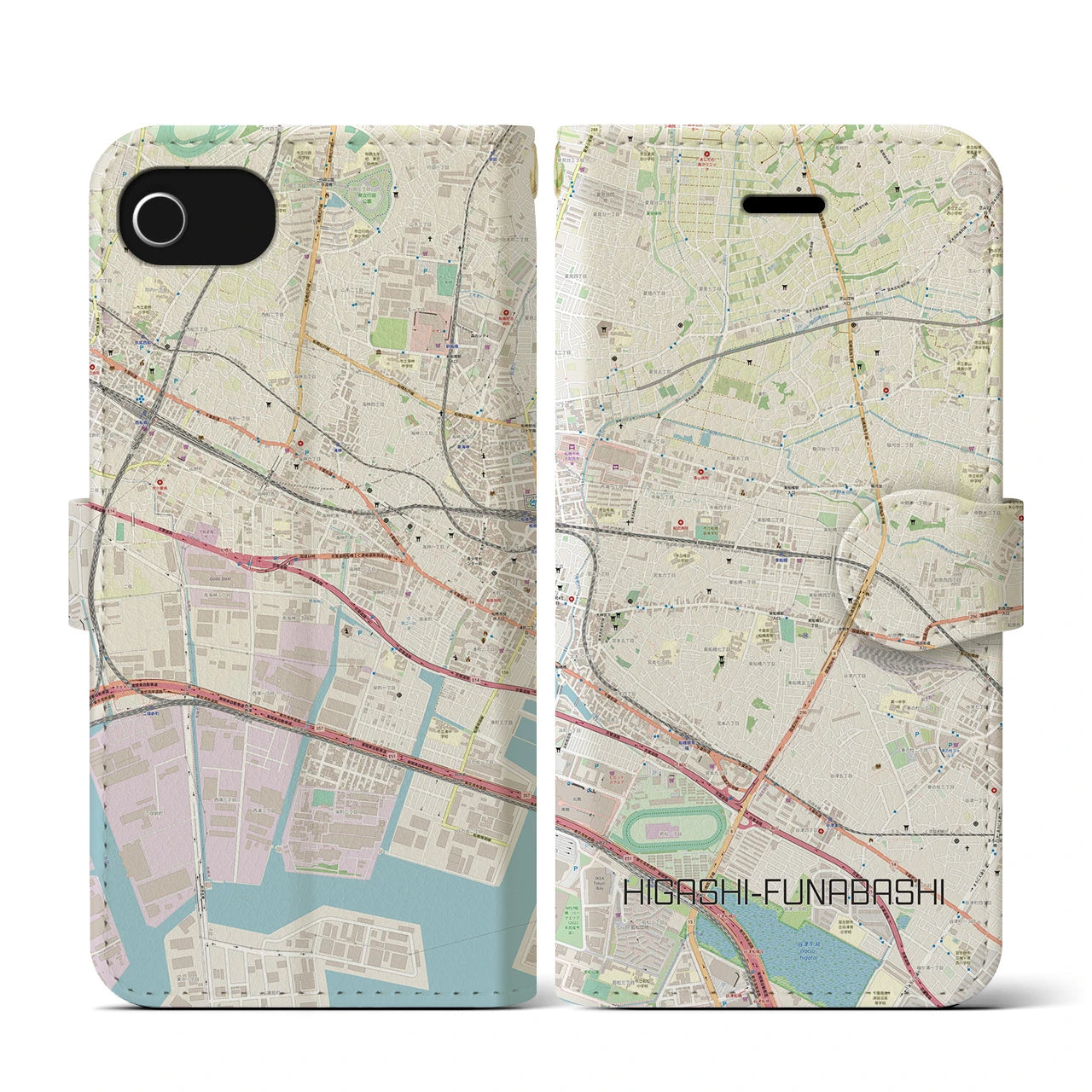 【東船橋(千葉県)】地図柄iPhoneケース(手帳タイプ)ナチュラル・iPhone SE(第3 / 第2世代) / 8 / 7 / 6s / 6 用