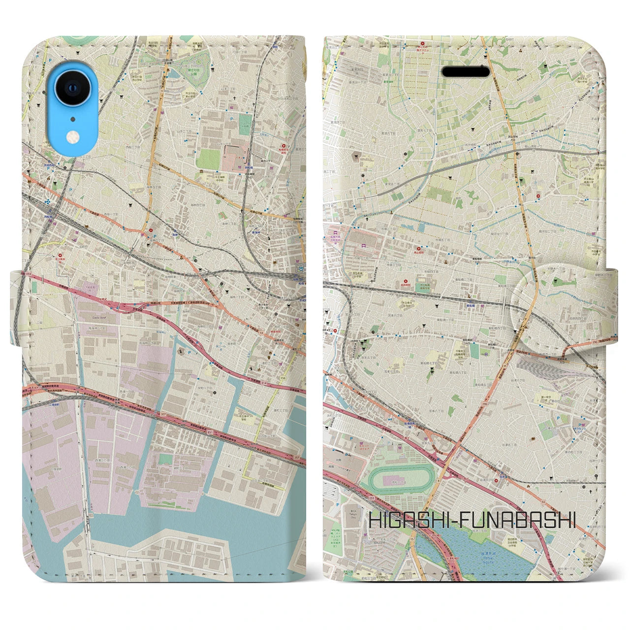 【東船橋(千葉県)】地図柄iPhoneケース(手帳タイプ)ナチュラル・iPhone XR 用