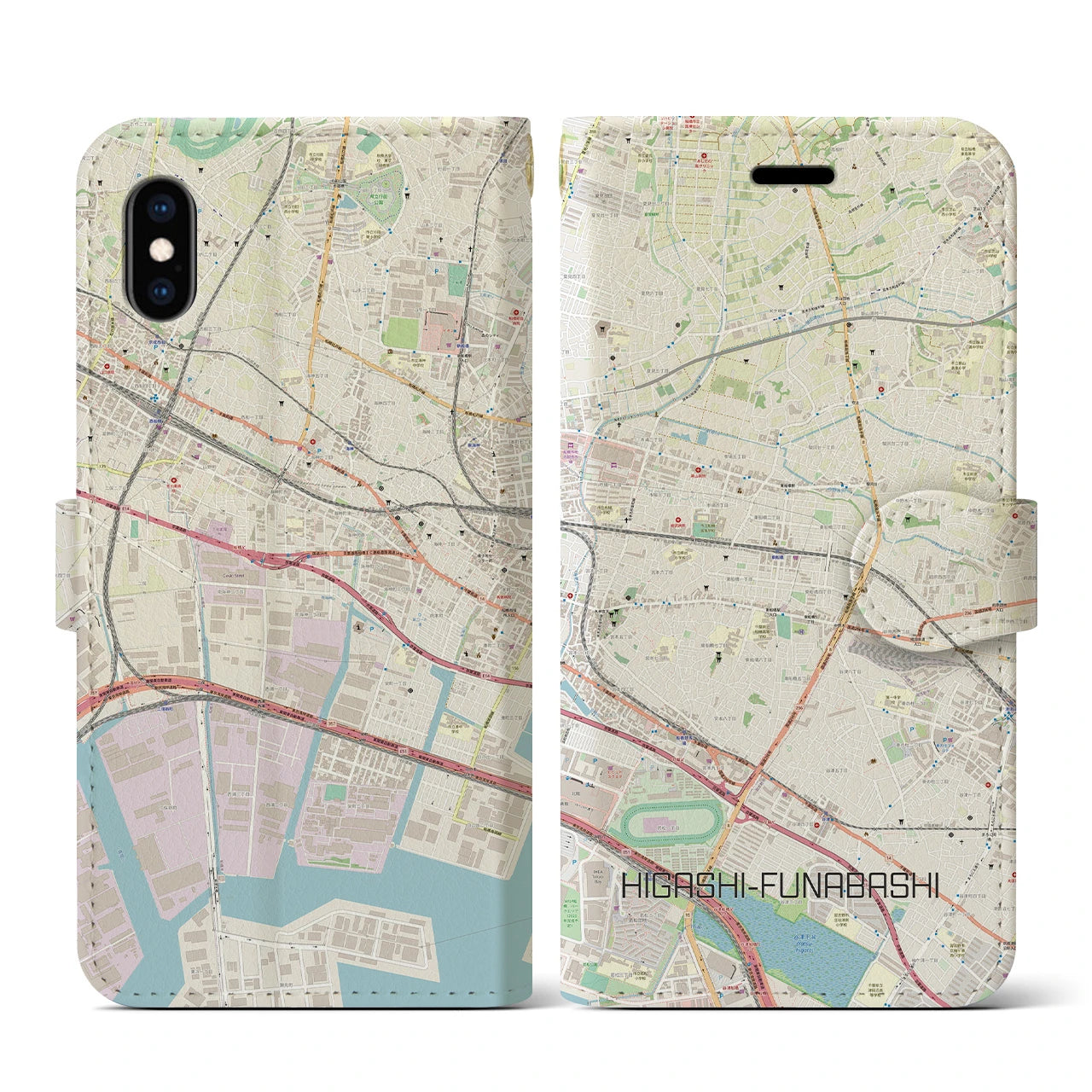 【東船橋(千葉県)】地図柄iPhoneケース(手帳タイプ)ナチュラル・iPhone XS / X 用