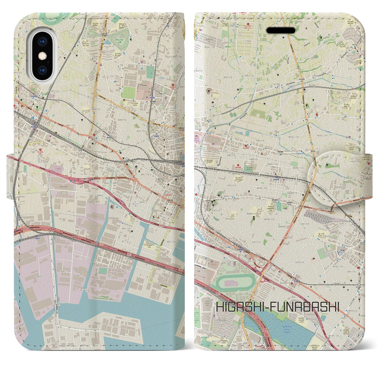 【東船橋(千葉県)】地図柄iPhoneケース(手帳タイプ)ナチュラル・iPhone XS Max 用