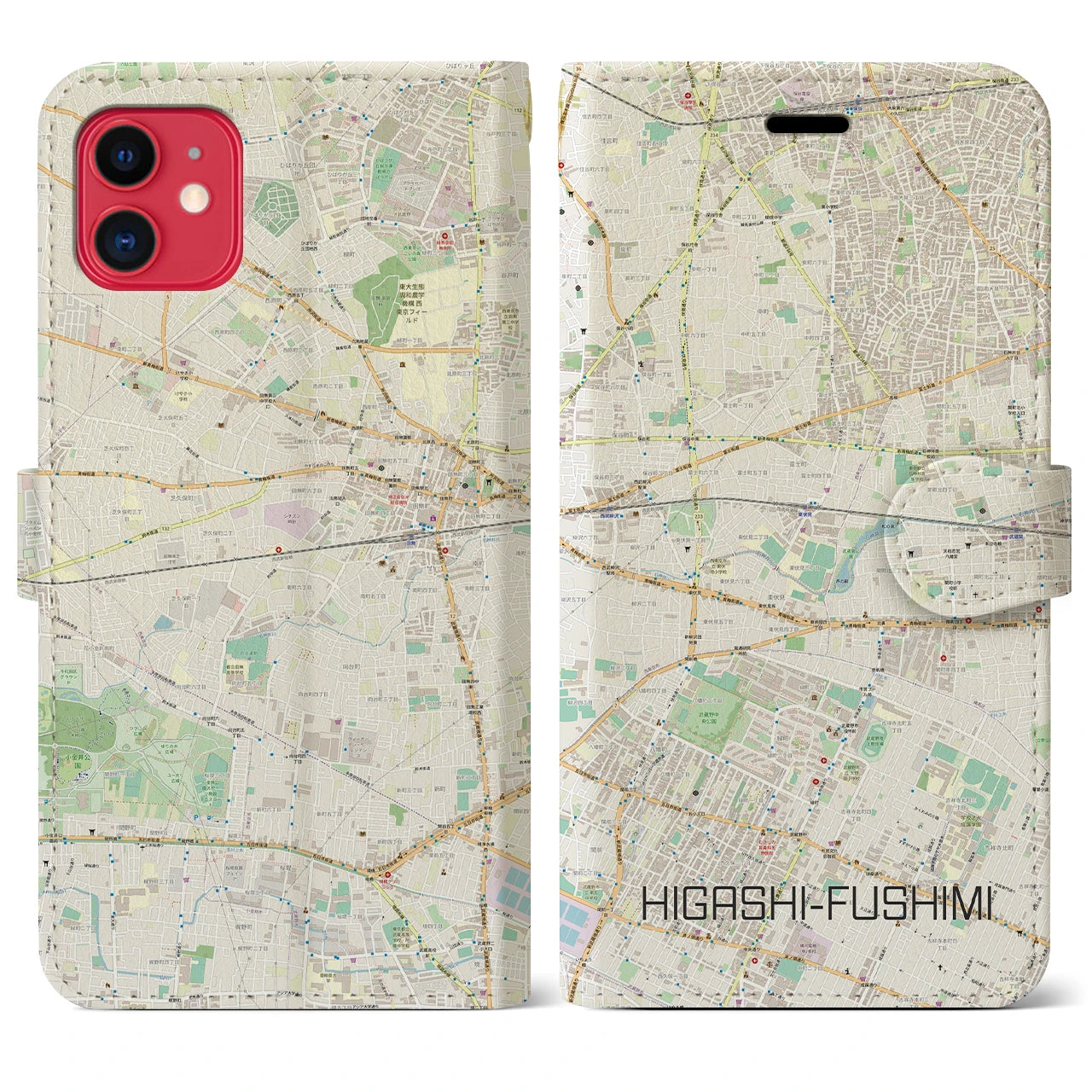【東伏見(東京都)】地図柄iPhoneケース(手帳タイプ)ナチュラル・iPhone 11 用