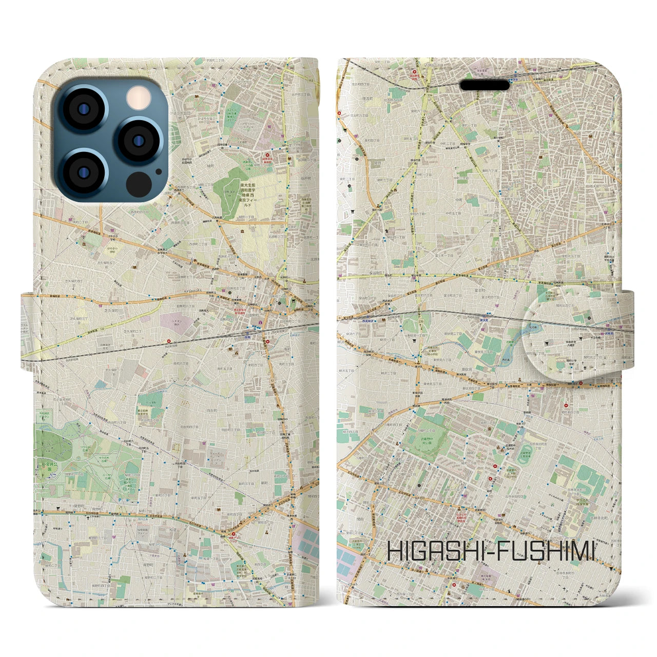 【東伏見(東京都)】地図柄iPhoneケース(手帳タイプ)ナチュラル・iPhone 12 / 12 Pro 用