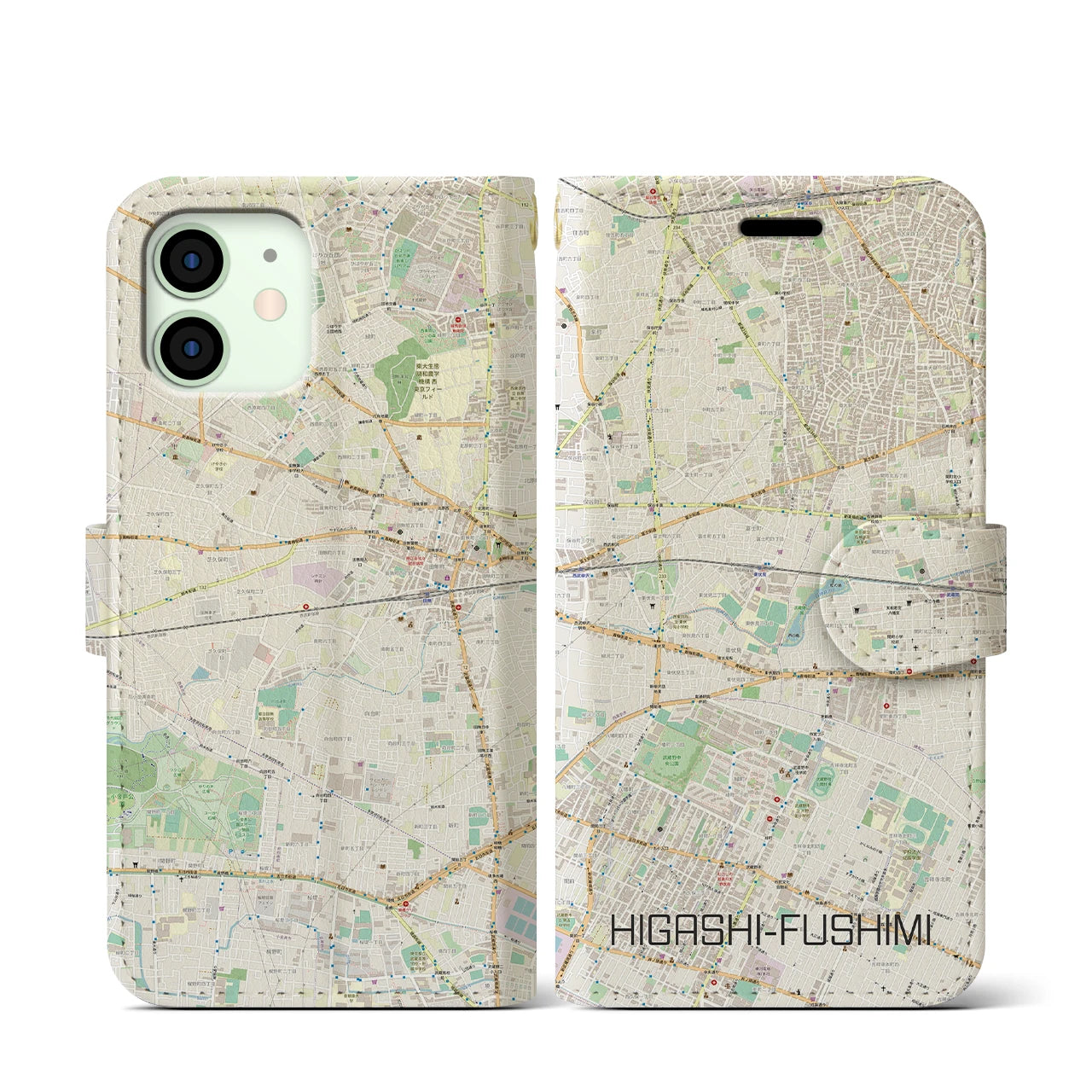 【東伏見(東京都)】地図柄iPhoneケース(手帳タイプ)ナチュラル・iPhone 12 mini 用