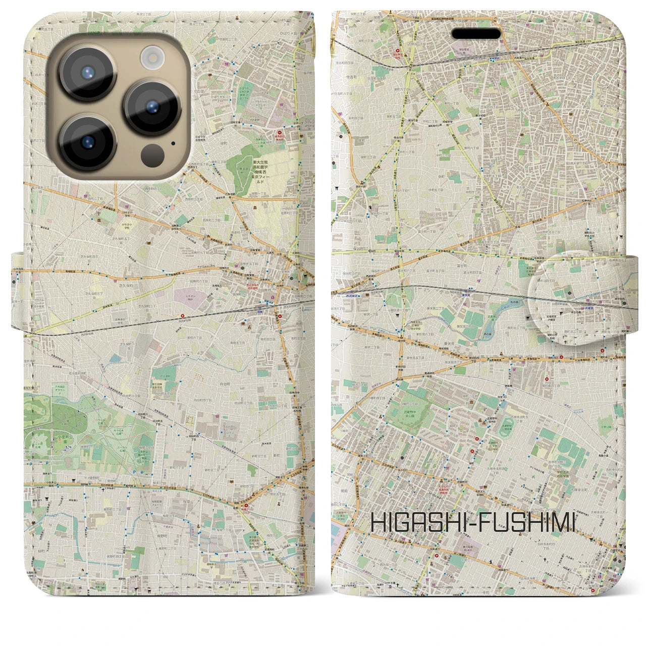 【東伏見(東京都)】地図柄iPhoneケース(手帳タイプ)ナチュラル・iPhone 14 Pro Max 用