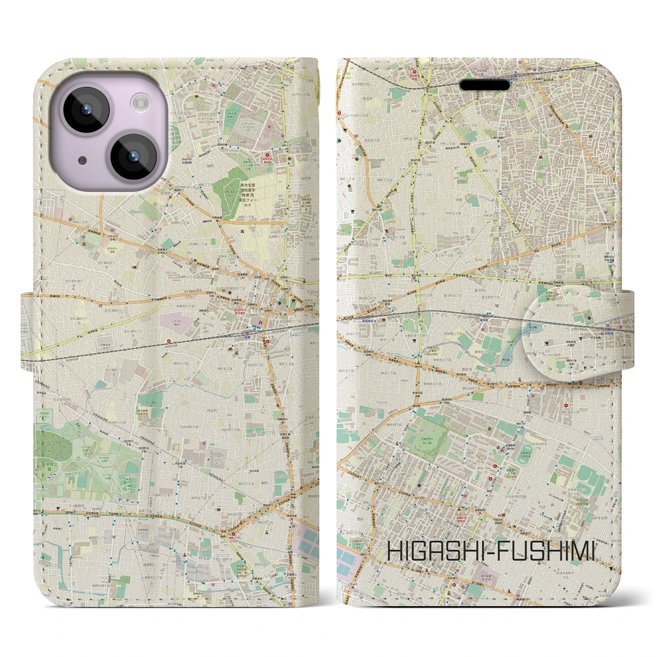 【東伏見(東京都)】地図柄iPhoneケース(手帳タイプ)ナチュラル・iPhone 14 用