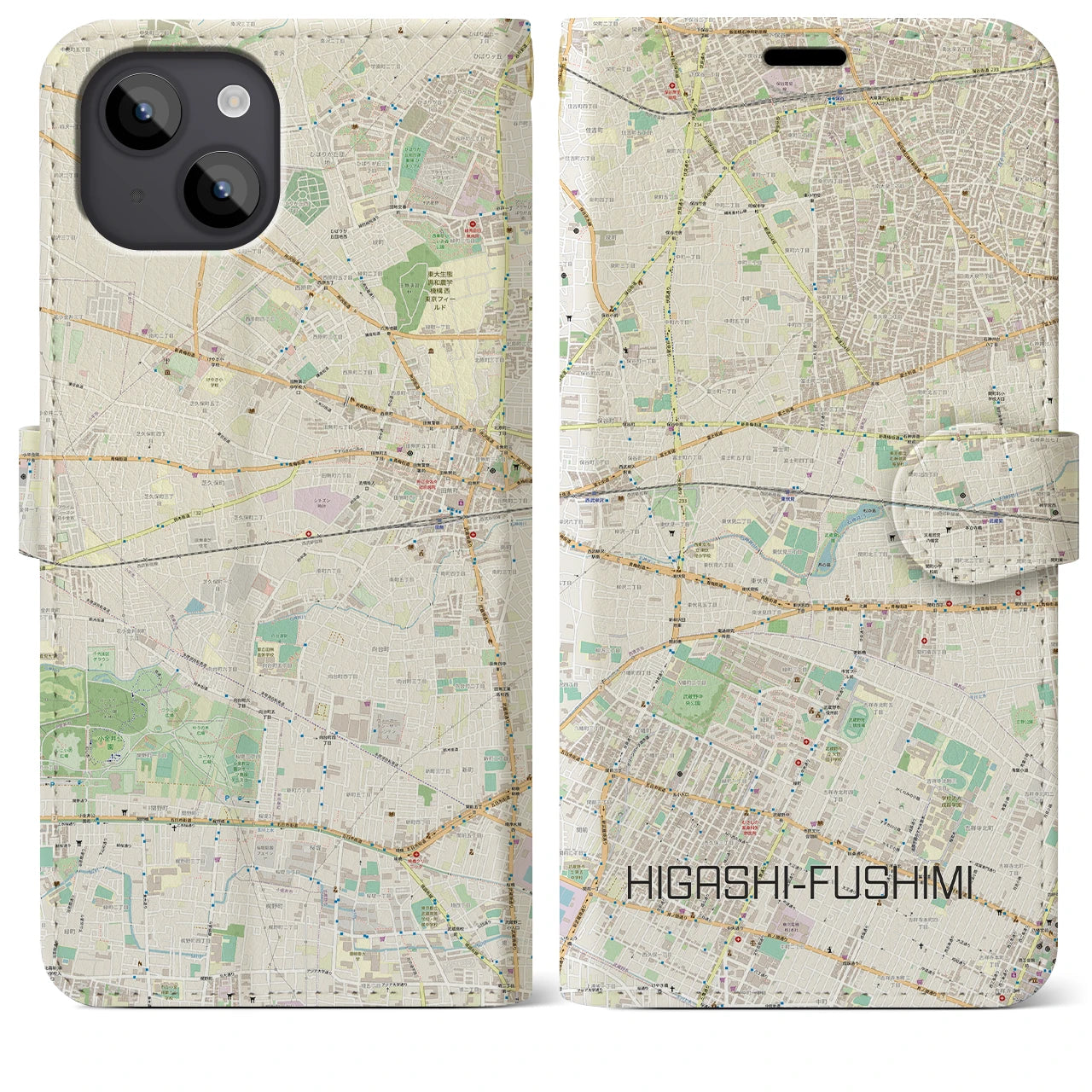 【東伏見(東京都)】地図柄iPhoneケース(手帳タイプ)ナチュラル・iPhone 14 Plus 用