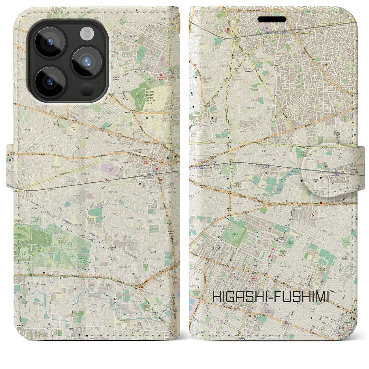【東伏見(東京都)】地図柄iPhoneケース(手帳タイプ)ナチュラル・iPhone 15 Pro Max 用