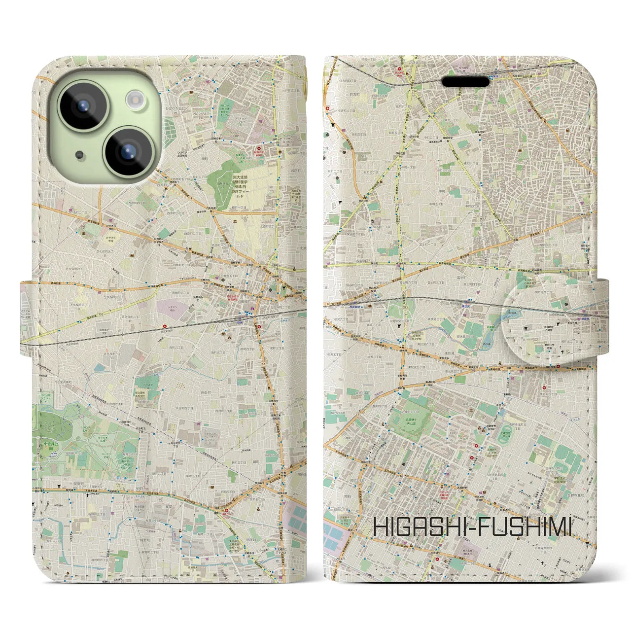 【東伏見(東京都)】地図柄iPhoneケース(手帳タイプ)ナチュラル・iPhone 15 用