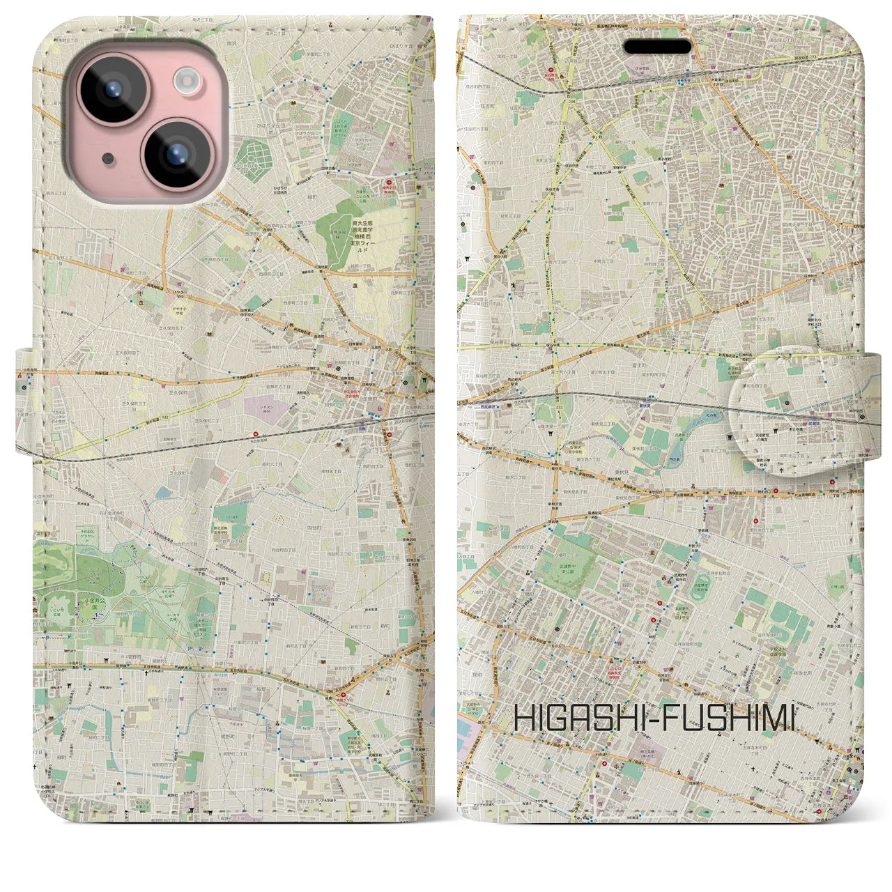 【東伏見(東京都)】地図柄iPhoneケース(手帳タイプ)ナチュラル・iPhone 15 Plus 用