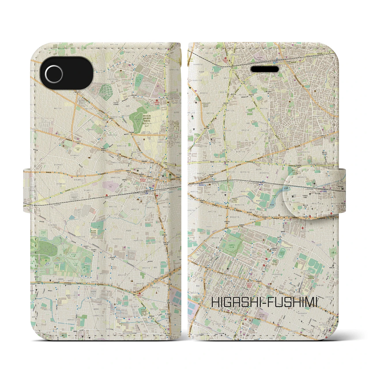 【東伏見(東京都)】地図柄iPhoneケース(手帳タイプ)ナチュラル・iPhone SE(第3 / 第2世代) / 8 / 7 / 6s / 6 用