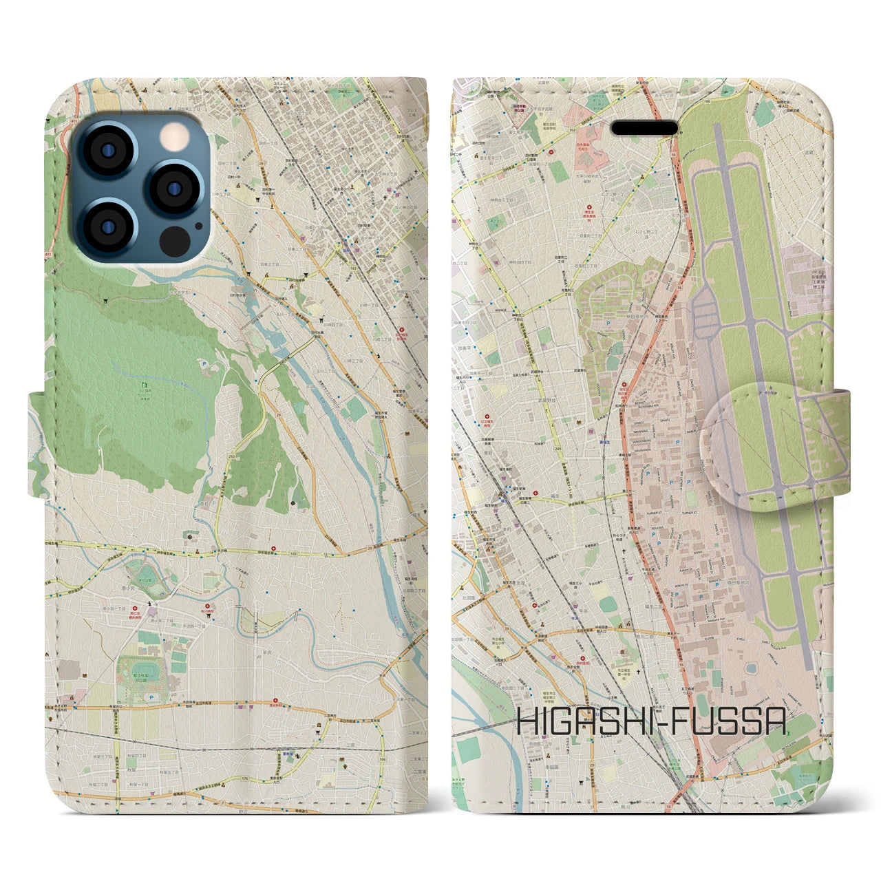 【東福生(東京都)】地図柄iPhoneケース(手帳タイプ)ナチュラル・iPhone 12 / 12 Pro 用