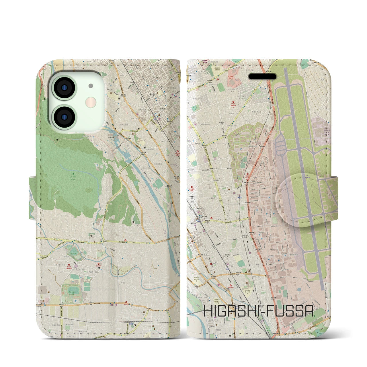 【東福生(東京都)】地図柄iPhoneケース(手帳タイプ)ナチュラル・iPhone 12 mini 用