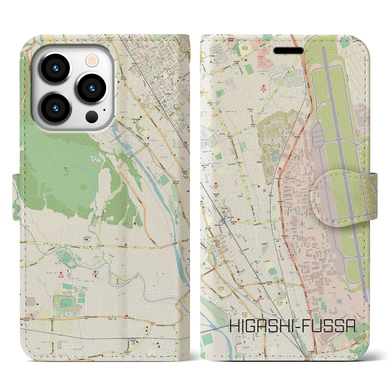 【東福生(東京都)】地図柄iPhoneケース(手帳タイプ)ナチュラル・iPhone 13 Pro 用