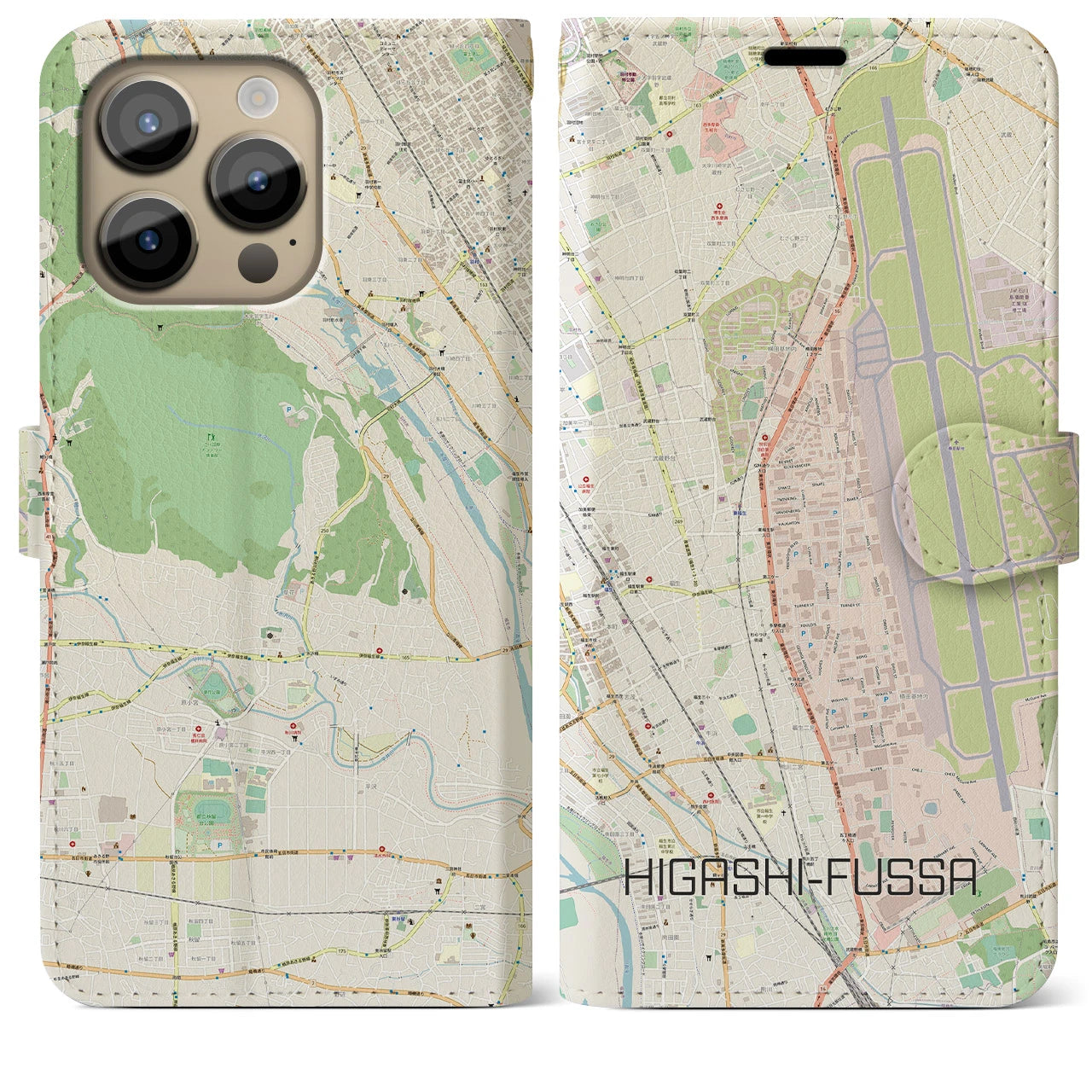 【東福生(東京都)】地図柄iPhoneケース(手帳タイプ)ナチュラル・iPhone 14 Pro Max 用