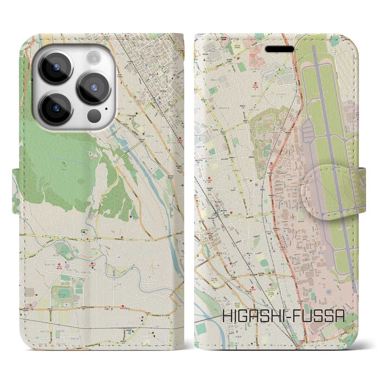 【東福生(東京都)】地図柄iPhoneケース(手帳タイプ)ナチュラル・iPhone 14 Pro 用