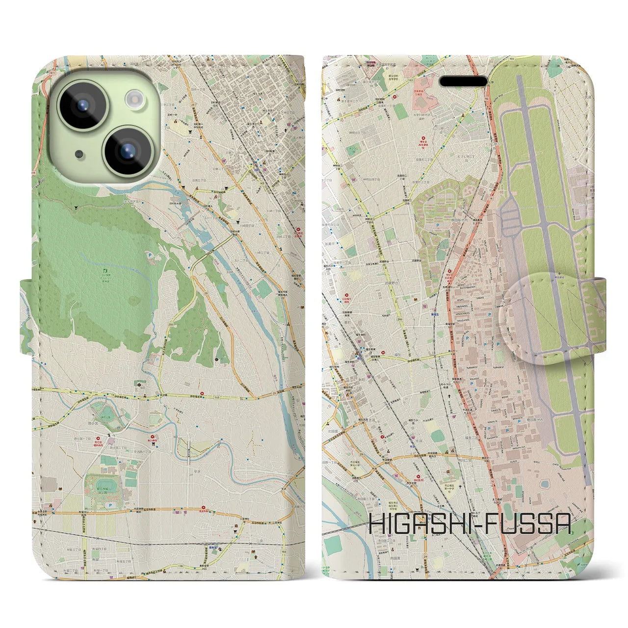 【東福生(東京都)】地図柄iPhoneケース(手帳タイプ)ナチュラル・iPhone 15 用