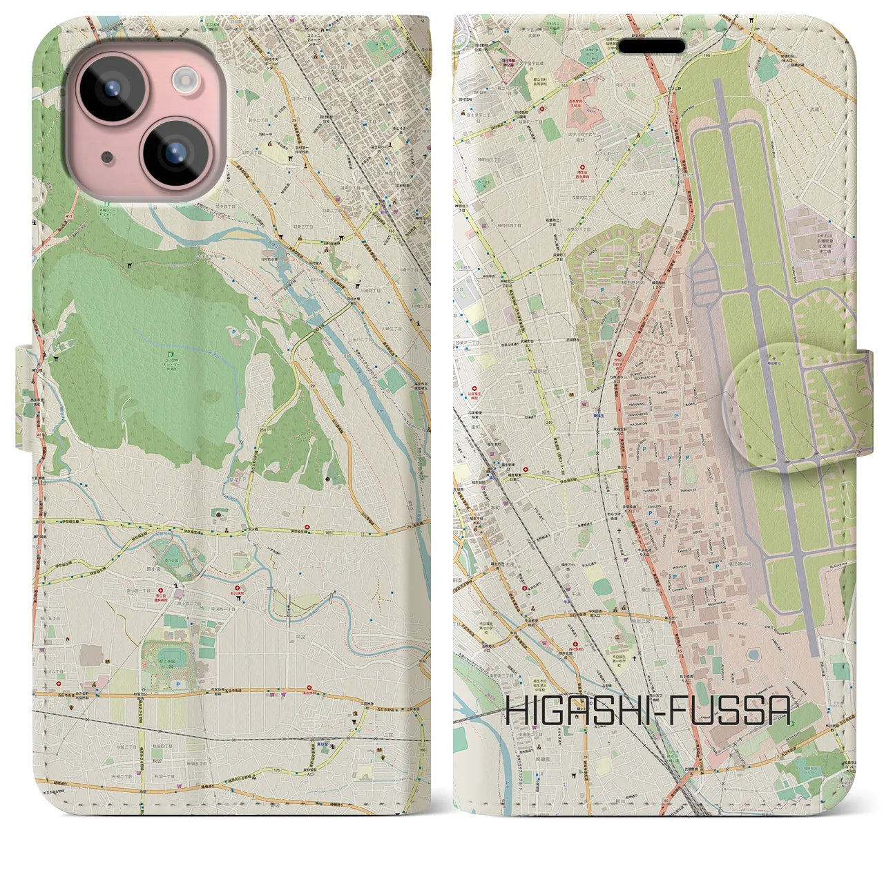 【東福生(東京都)】地図柄iPhoneケース(手帳タイプ)ナチュラル・iPhone 15 Plus 用