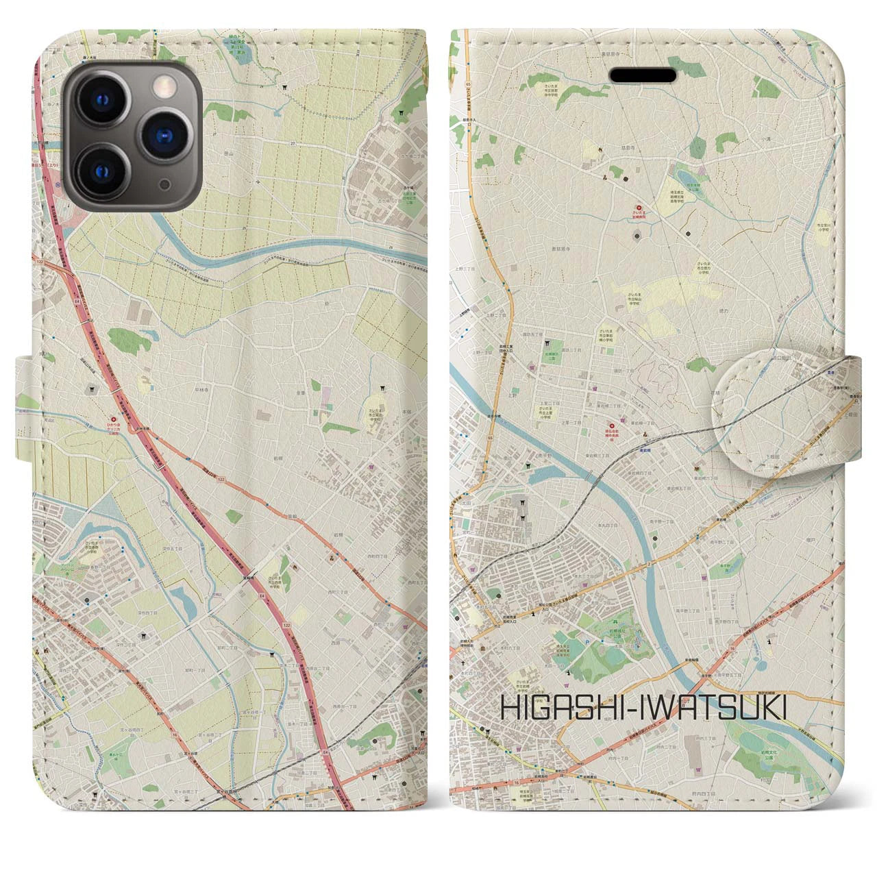 【東岩槻(埼玉県)】地図柄iPhoneケース(手帳タイプ)ナチュラル・iPhone 11 Pro Max 用