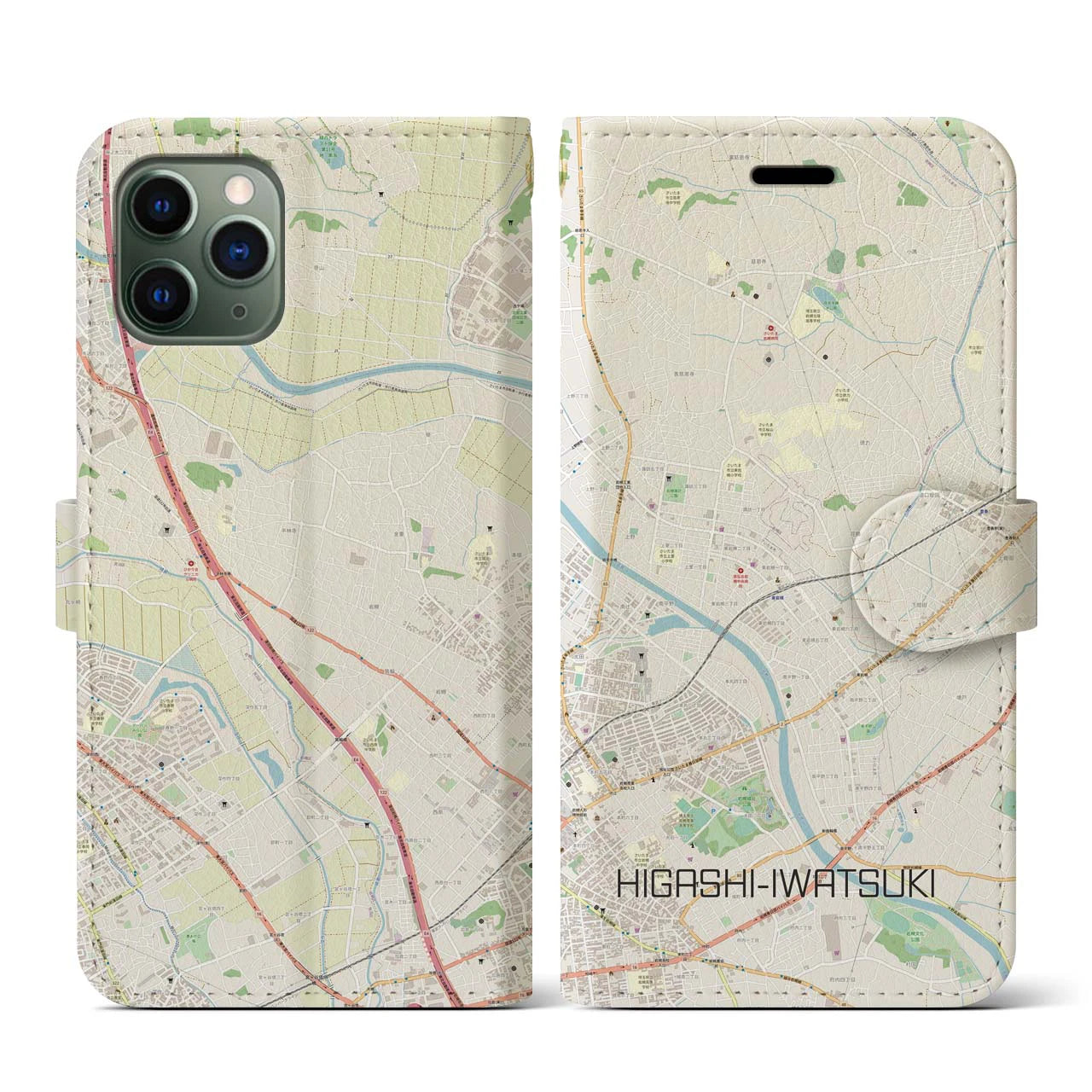 【東岩槻(埼玉県)】地図柄iPhoneケース(手帳タイプ)ナチュラル・iPhone 11 Pro 用