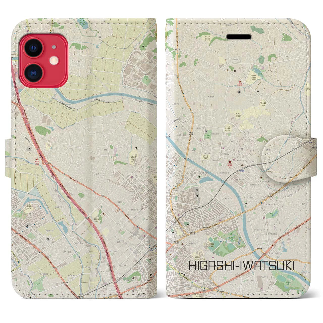 【東岩槻(埼玉県)】地図柄iPhoneケース(手帳タイプ)ナチュラル・iPhone 11 用