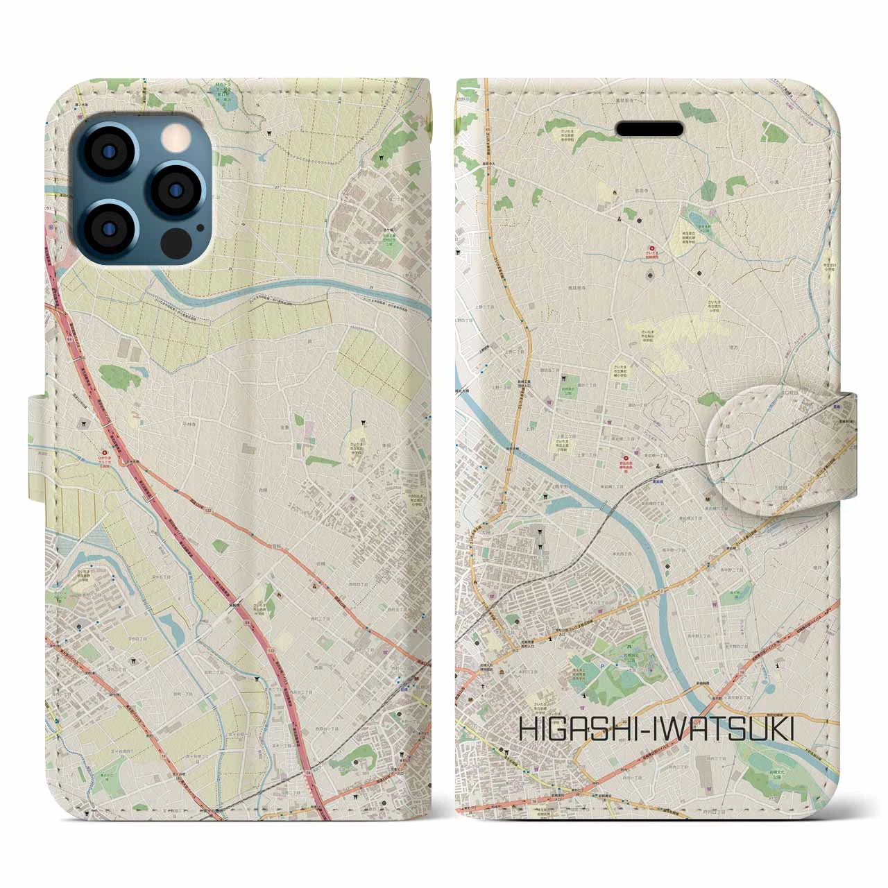 【東岩槻(埼玉県)】地図柄iPhoneケース(手帳タイプ)ナチュラル・iPhone 12 / 12 Pro 用