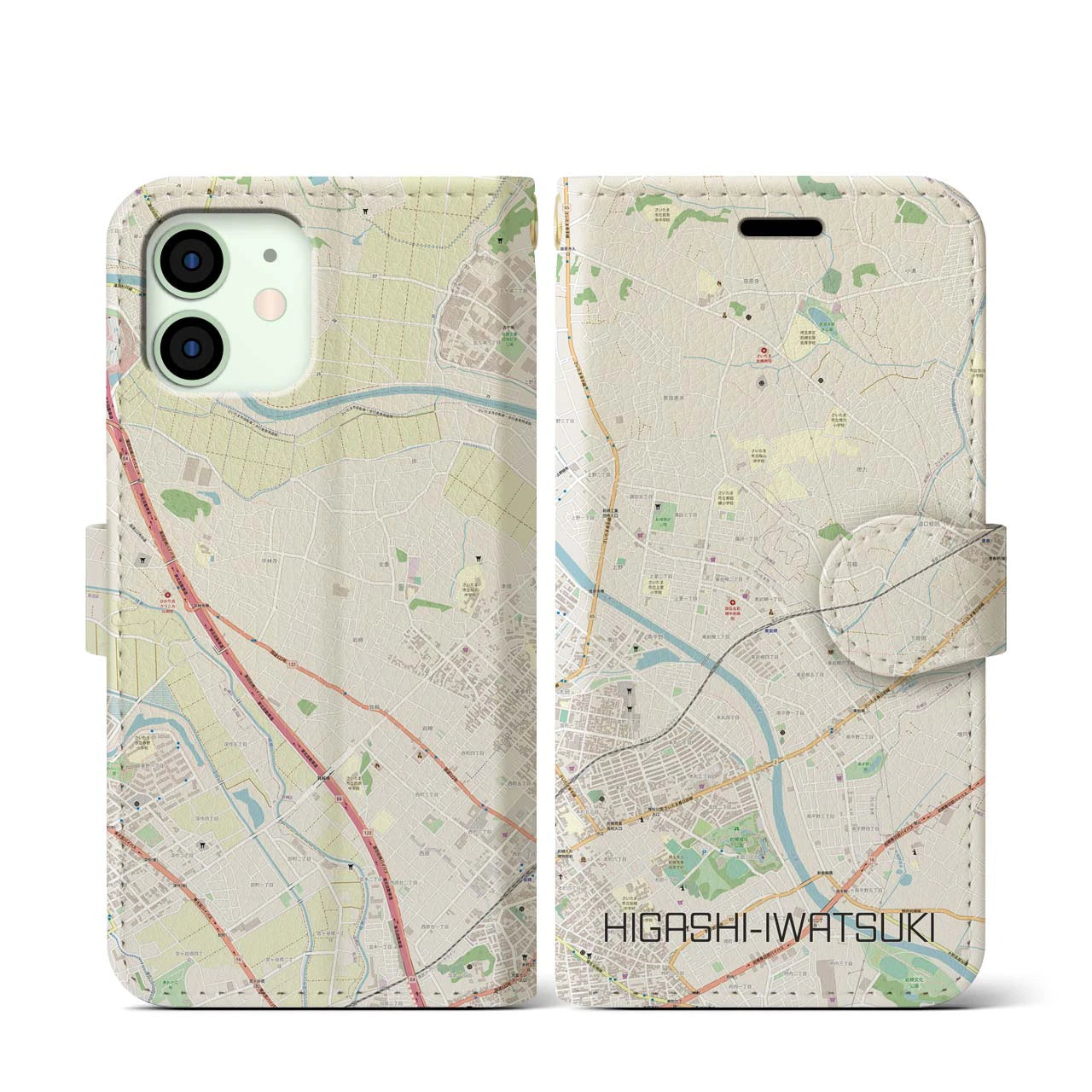 【東岩槻(埼玉県)】地図柄iPhoneケース(手帳タイプ)ナチュラル・iPhone 12 mini 用