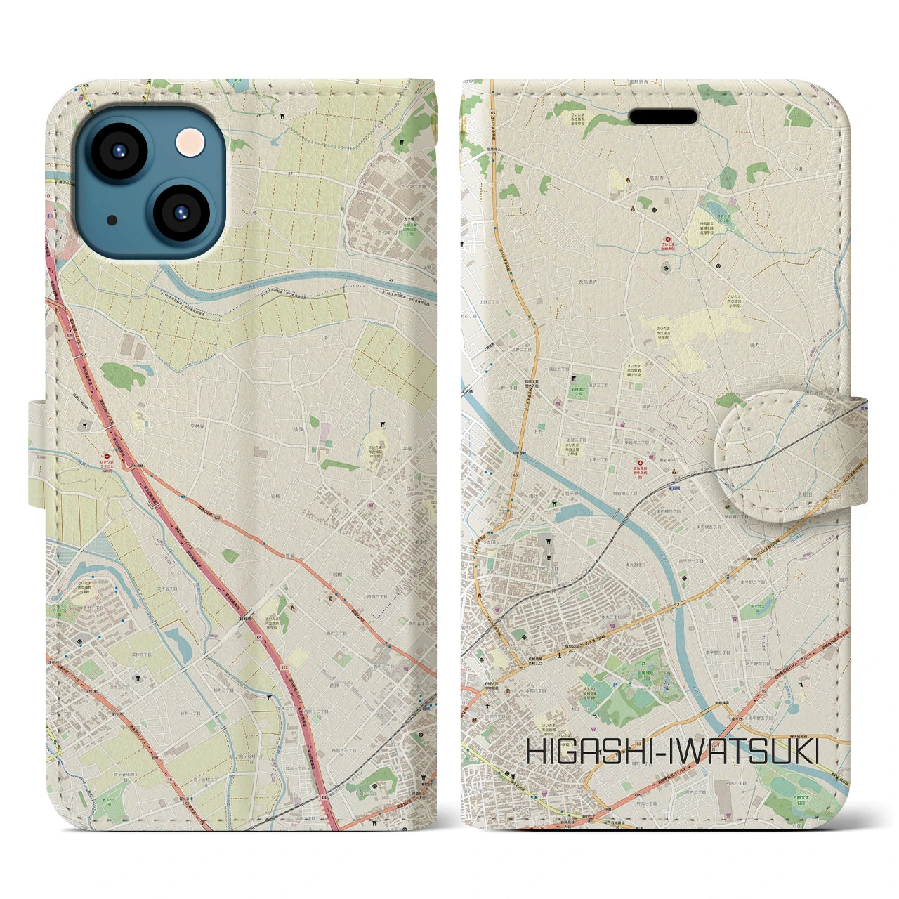 【東岩槻(埼玉県)】地図柄iPhoneケース(手帳タイプ)ナチュラル・iPhone 13 用