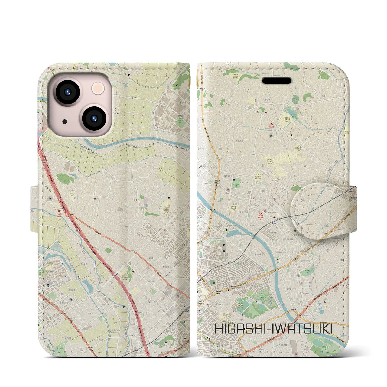 【東岩槻(埼玉県)】地図柄iPhoneケース(手帳タイプ)ナチュラル・iPhone 13 mini 用