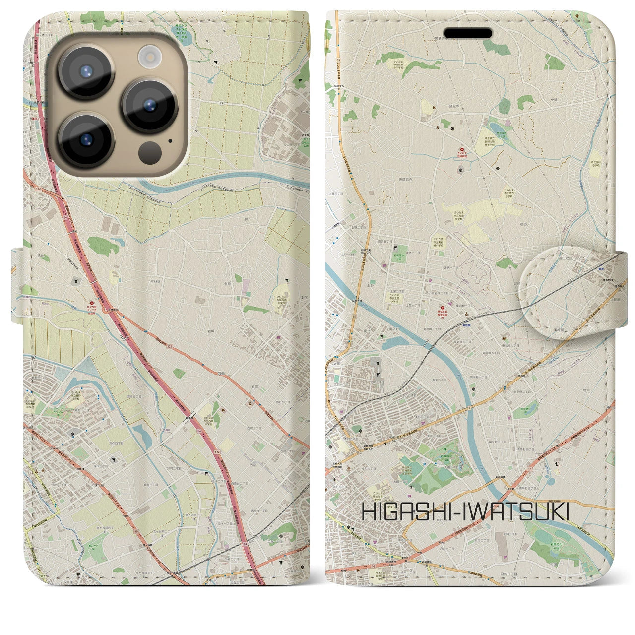 【東岩槻(埼玉県)】地図柄iPhoneケース(手帳タイプ)ナチュラル・iPhone 14 Pro Max 用
