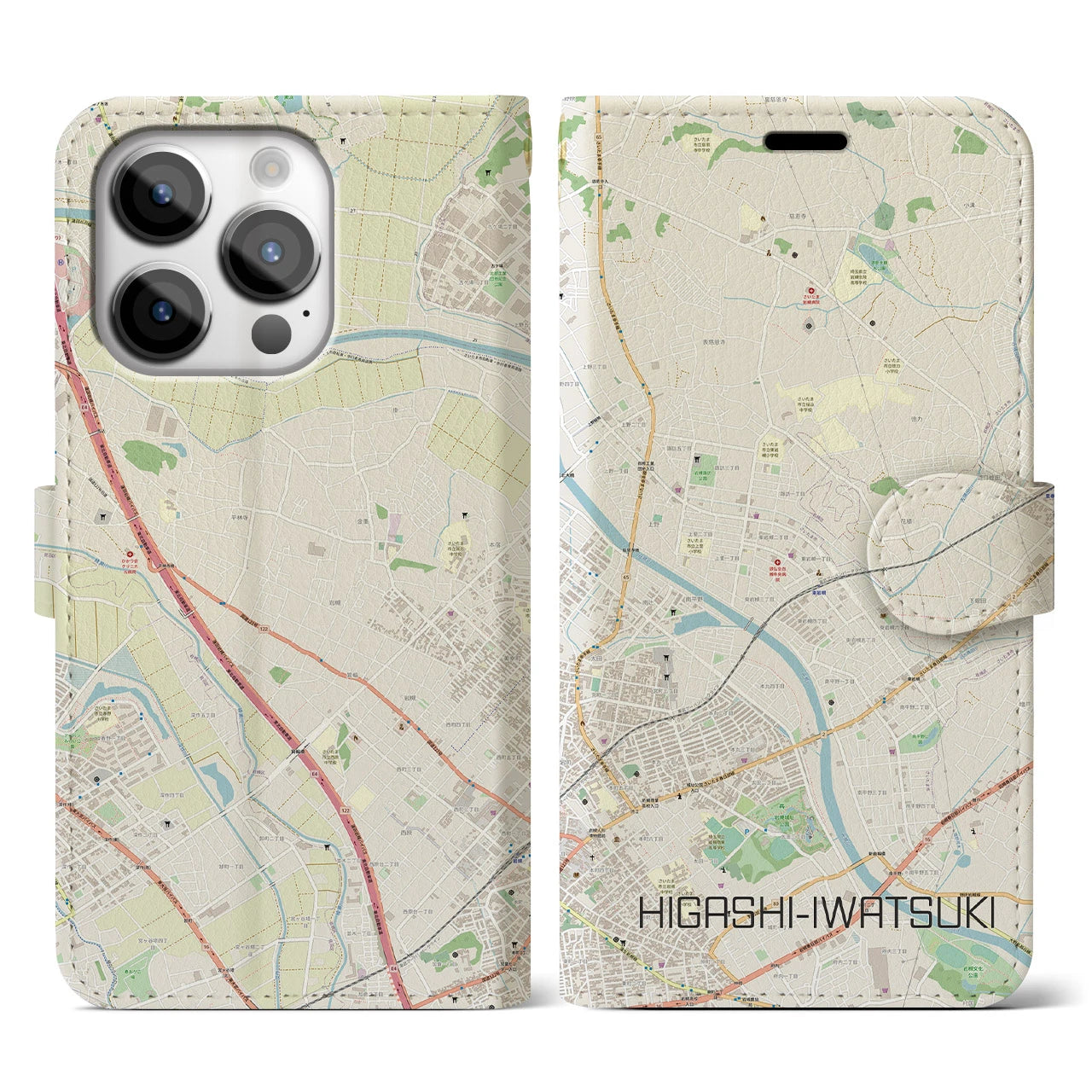 【東岩槻(埼玉県)】地図柄iPhoneケース(手帳タイプ)ナチュラル・iPhone 14 Pro 用