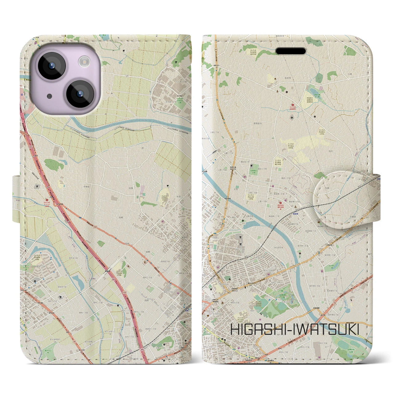【東岩槻(埼玉県)】地図柄iPhoneケース(手帳タイプ)ナチュラル・iPhone 14 用